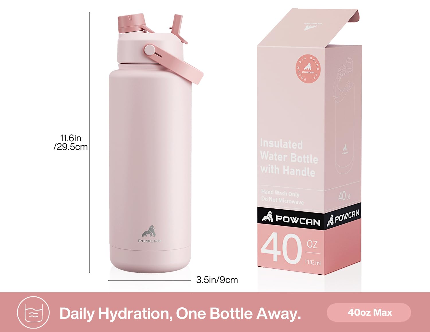 POWCAN 26 oz Insulated Water Bottle with 2-in-1 Straw and Spout Lid, Keep Cold 24H, Leak-Proof, Fits in Car Cup Holder, Stainless Steel Water Bottle for Sports, Travel, and School (Cotton Candy)
