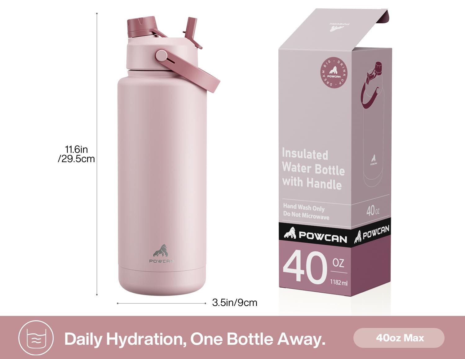 POWCAN 26 oz Insulated Water Bottle with 2-in-1 Straw and Spout Lid, Keep Cold 24H, Leak-Proof, Fits in Car Cup Holder, Stainless Steel Water Bottle for Sports, Travel, and School (Cotton Candy)