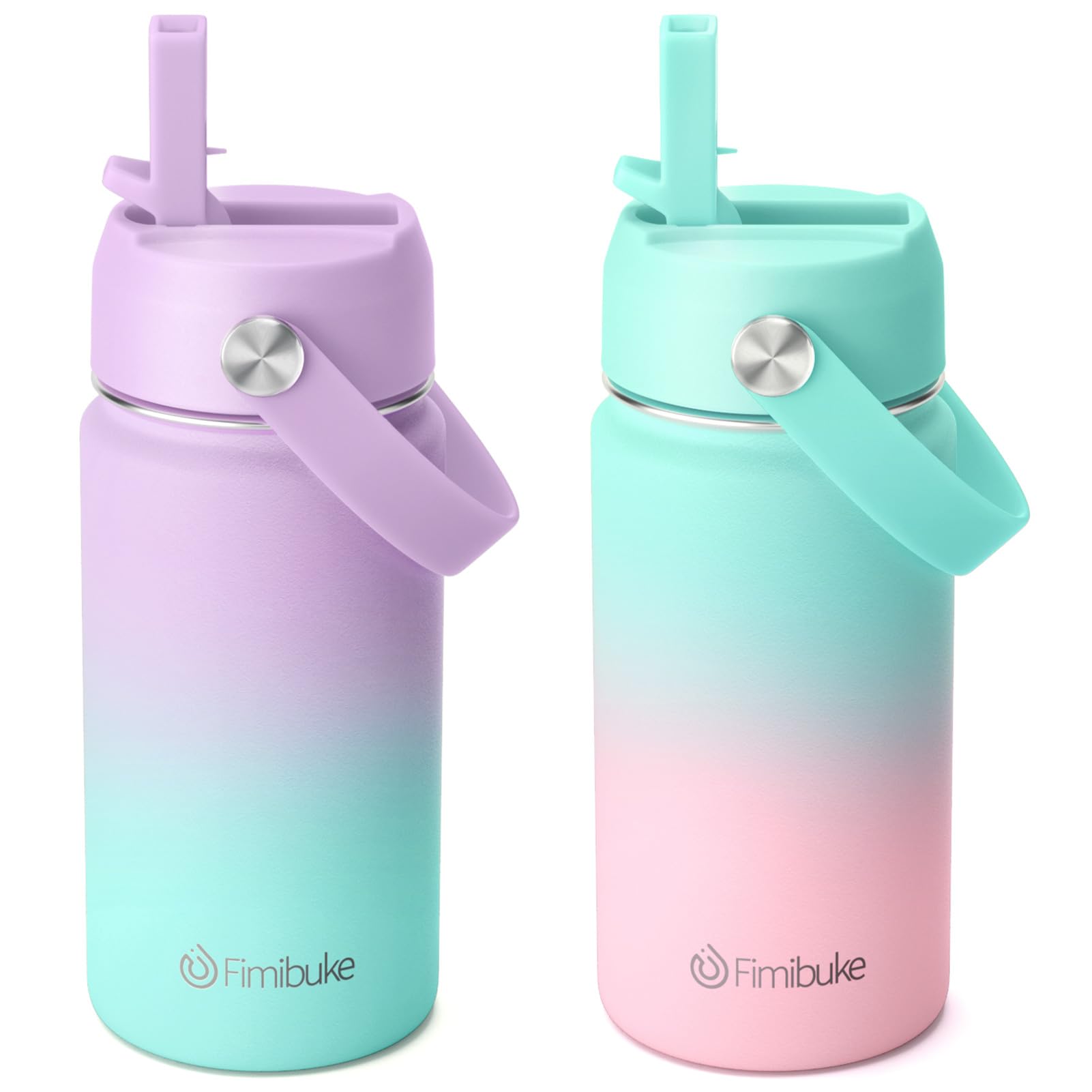 Fimibuke Kids Insulated Water Bottle, 14oz BPA FREE 18/8 Stainless Steel Travel Tumbler Double Wall Vacuum Leak Proof Kids Cup with Straw Metal Water Bottle for School Boys Girls(1 Pack, Rainbow)