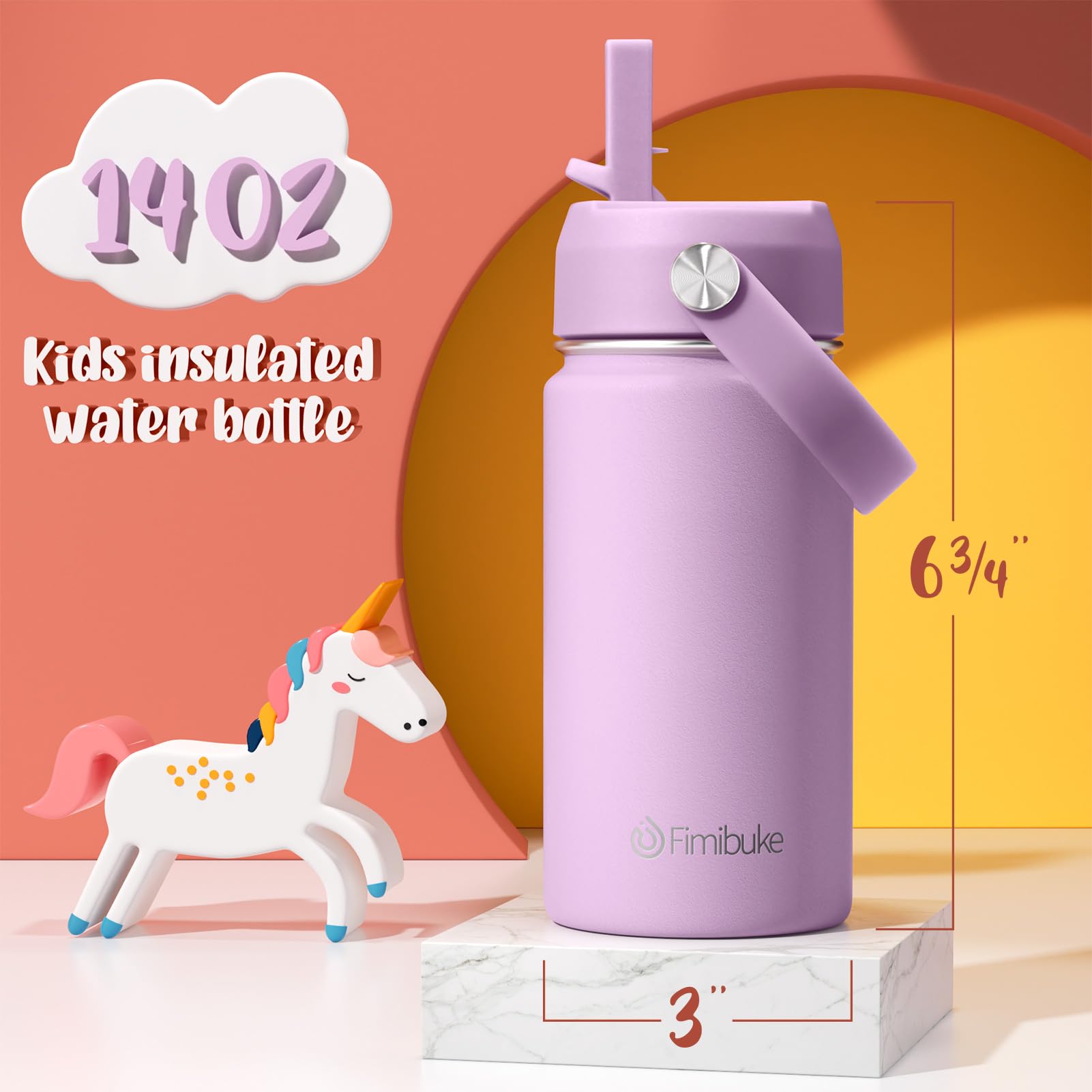 Fimibuke Kids Insulated Water Bottle, 14oz BPA FREE 18/8 Stainless Steel Travel Tumbler Double Wall Vacuum Leak Proof Kids Cup with Straw Metal Water Bottle for School Boys Girls(1 Pack, Rainbow)