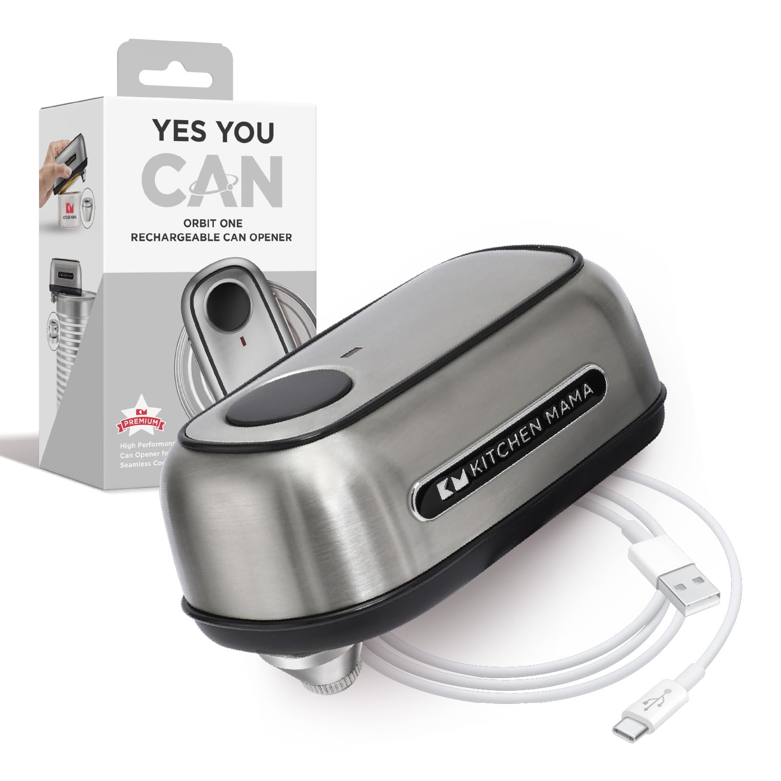 Kitchen Mama Orbit One Rechargeable Electric Can Opener: Hands-free, USB-C Charging, Automatic Stop, Smooth Edge, Safety, Blade for Large Cans, Heavy Duty, Soda and Pop Can, with Storage Box (Black)