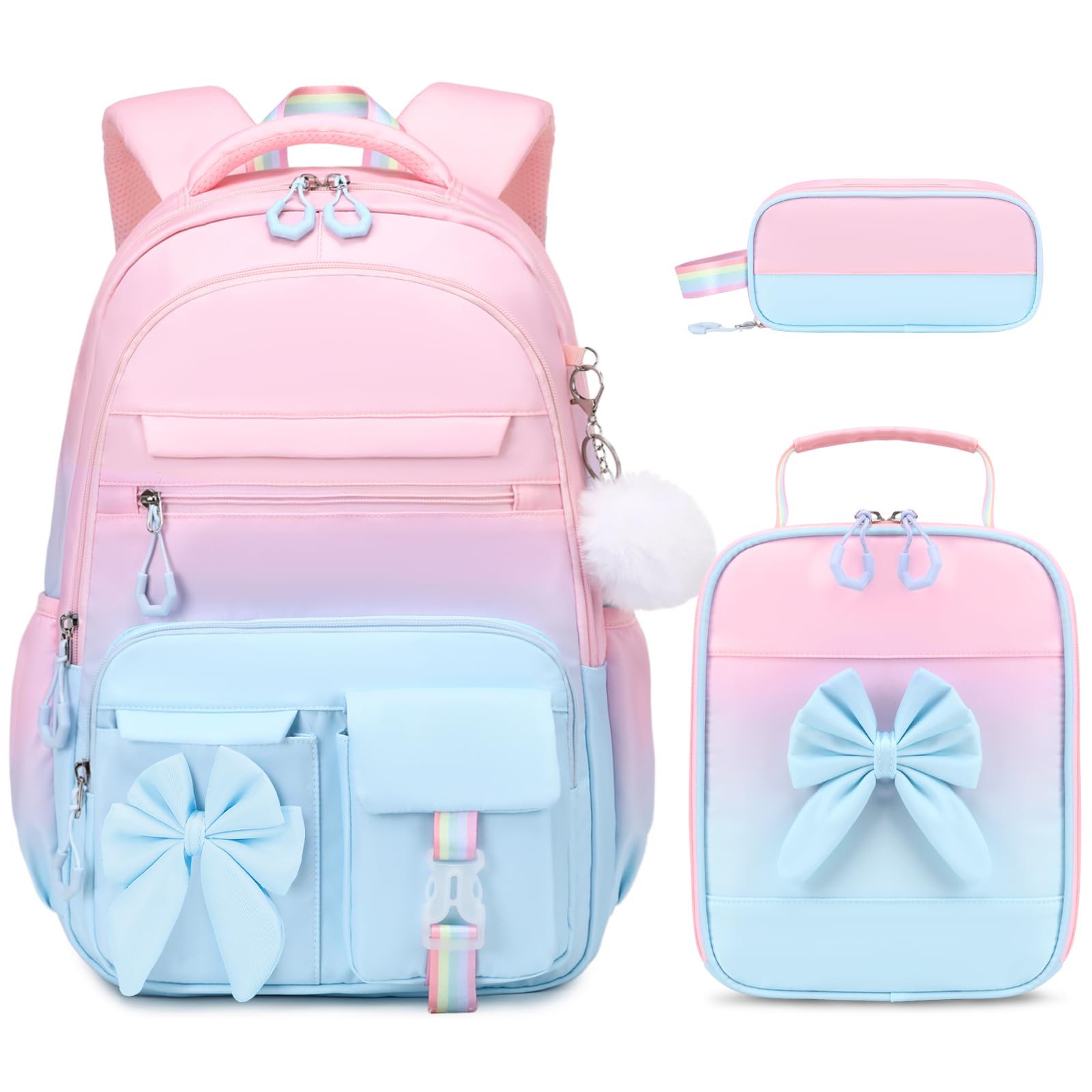 DIGOBAY Backpack for Girls, 3PCS Girls Backpack for School with Lunch Bag Pencil Case, Cute Kids Teens Bookbag for Kindergarten Elementary Preschool Middle School (Pink)