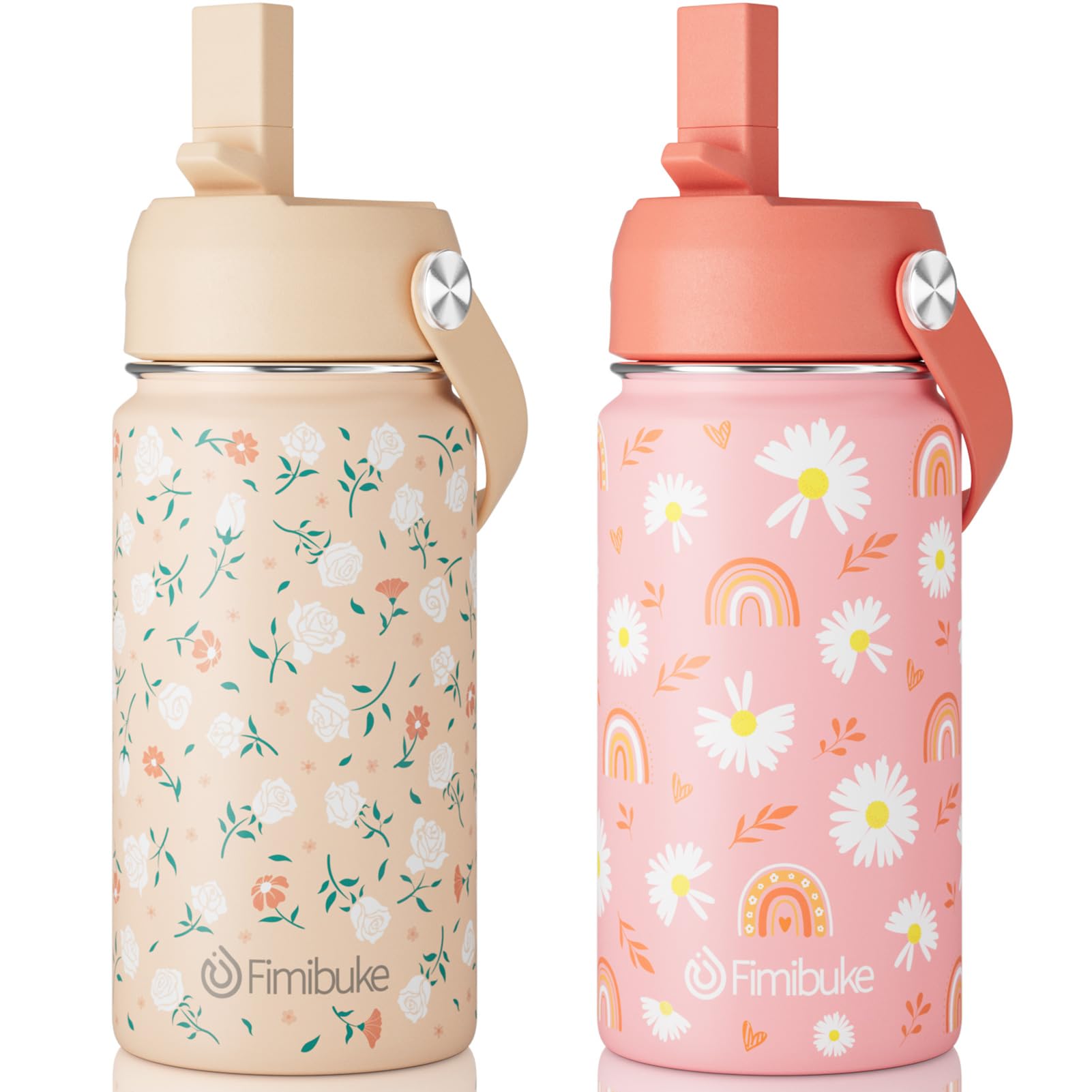 Fimibuke Kids Insulated Water Bottle, 14oz BPA FREE 18/8 Stainless Steel Travel Tumbler Double Wall Vacuum Leak Proof Kids Cup with Straw Metal Water Bottle for School Boys Girls(1 Pack, Rainbow)