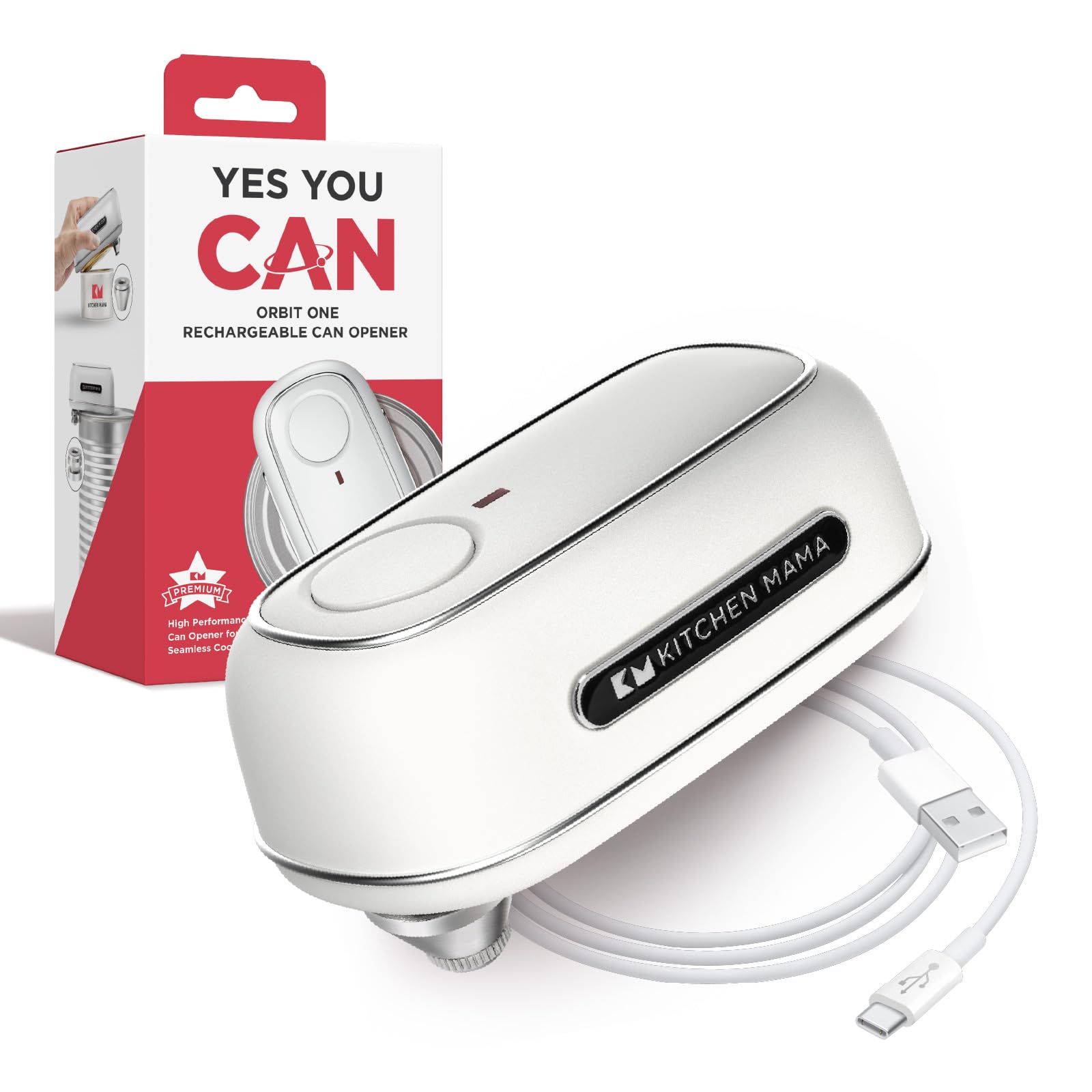 Kitchen Mama Orbit One Rechargeable Electric Can Opener: Hands-free, USB-C Charging, Automatic Stop, Smooth Edge, Safety, Blade for Large Cans, Heavy Duty, Soda and Pop Can, with Storage Box (Black)