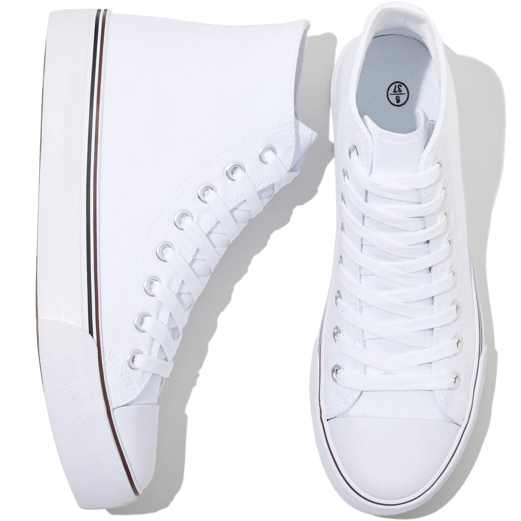 kufeiti Women's High Top Canvas Sneakers Canvas Shoes Lace up White Black Sneakers Casual Walking Shoes