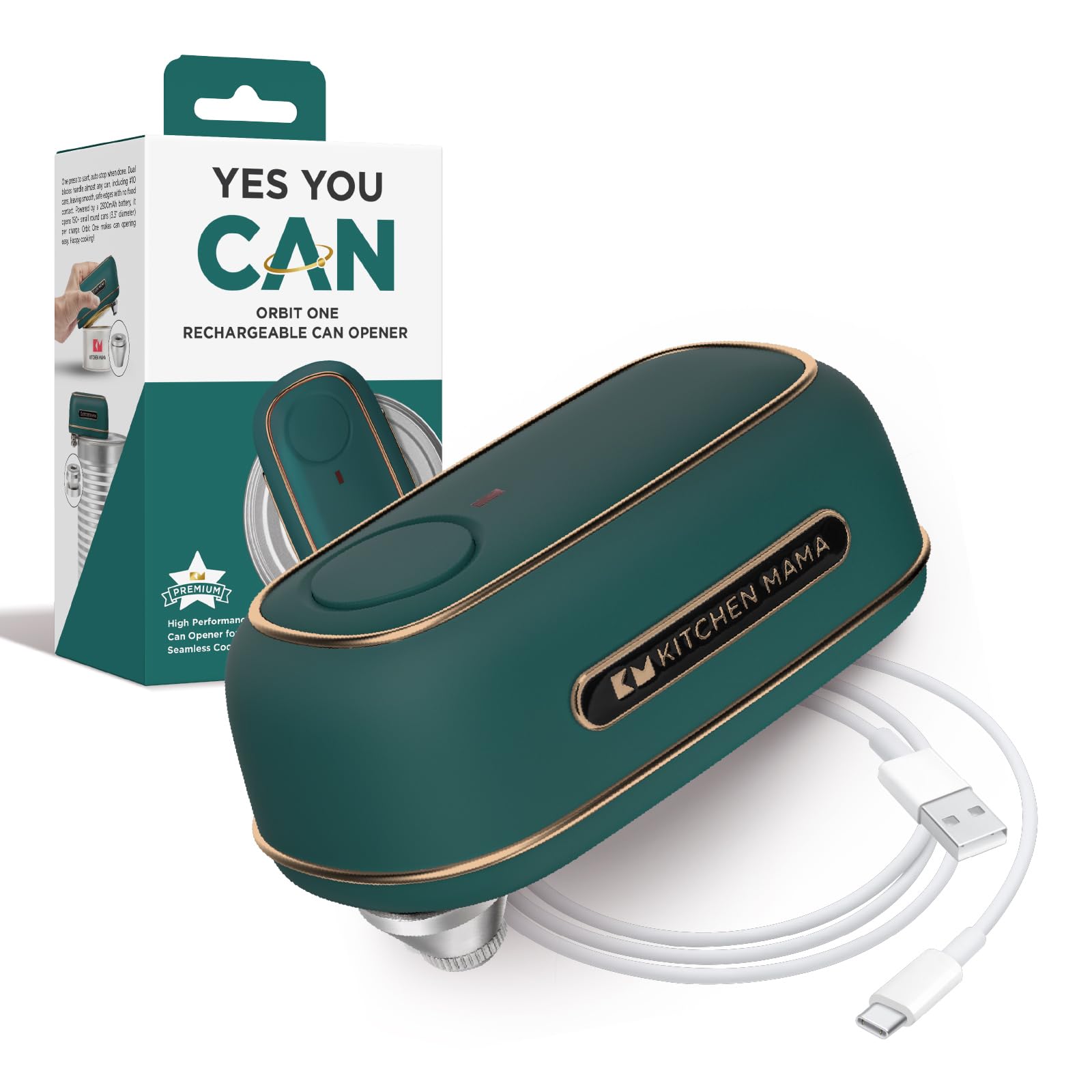 Kitchen Mama Orbit One Rechargeable Electric Can Opener: Hands-free, USB-C Charging, Automatic Stop, Smooth Edge, Safety, Blade for Large Cans, Heavy Duty, Soda and Pop Can, with Storage Box (Black)