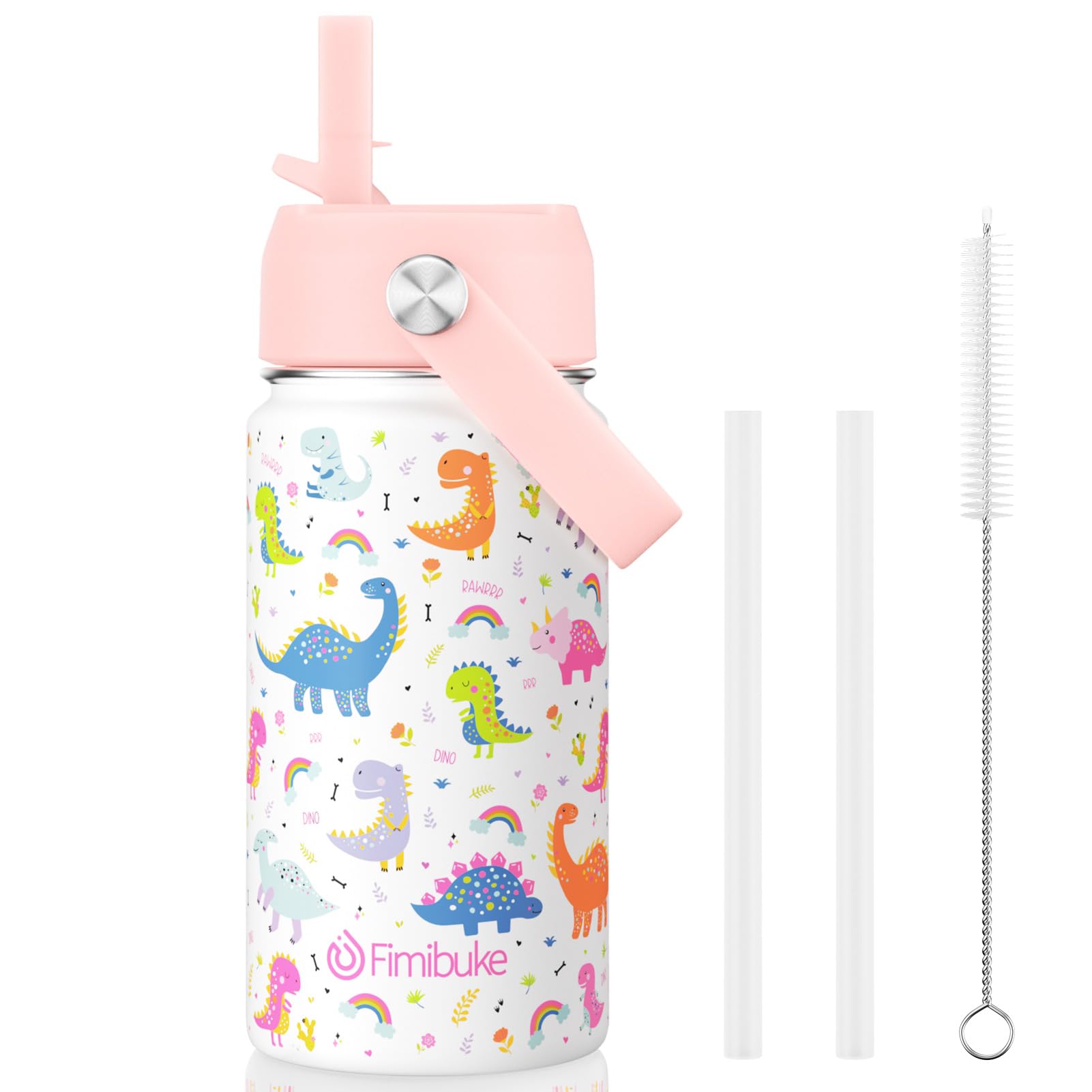Fimibuke Kids Insulated Water Bottle, 14oz BPA FREE 18/8 Stainless Steel Travel Tumbler Double Wall Vacuum Leak Proof Kids Cup with Straw Metal Water Bottle for School Boys Girls(1 Pack, Rainbow)