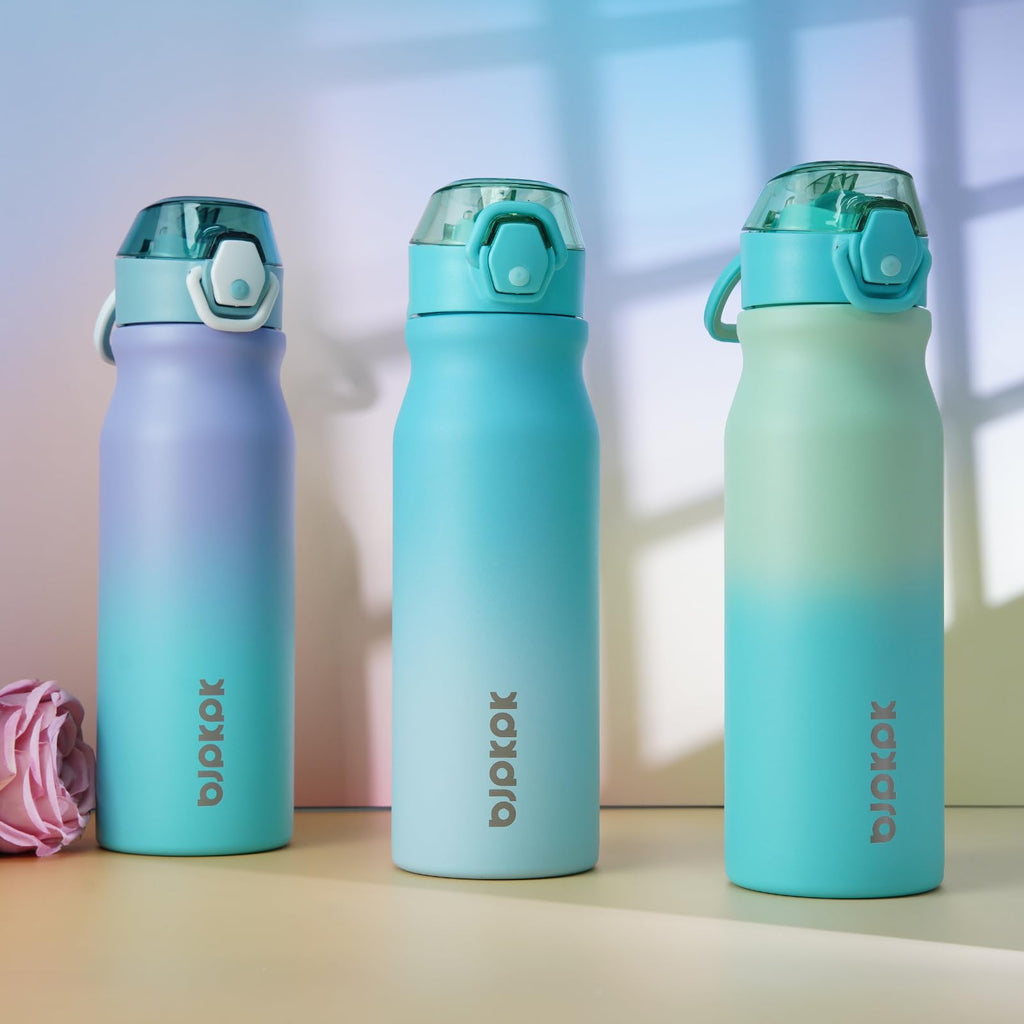 BJPKPK Insulated Water Bottle 18oz Stainless Steel Water Bottles with Straw and Carry Handle Double Wall Metal Thermal Flask,Light Blue Leopard