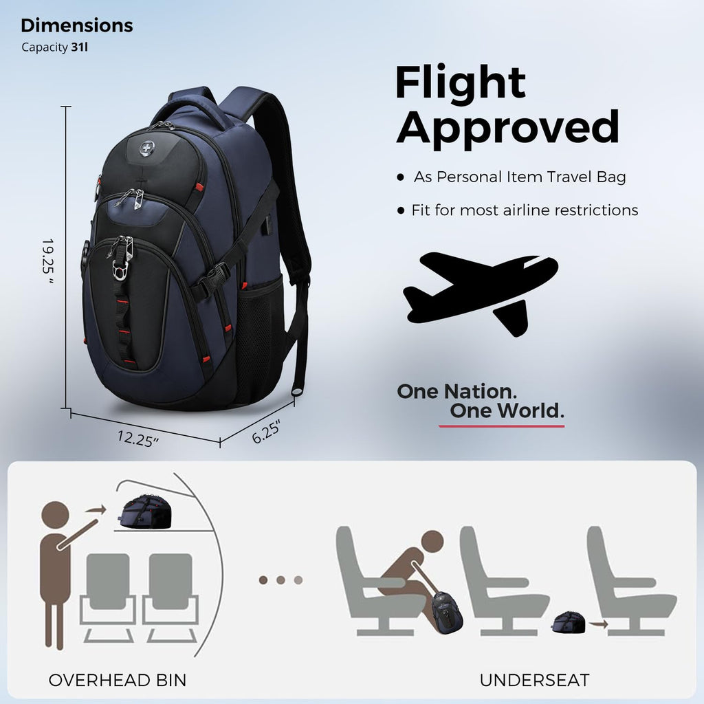 Swissdigital Design Laptop Backpack with USB Charging Port, Travel Backpack Fits 15.6 inches Computer, 31L College School Backpack for Men, Black | SD803-01