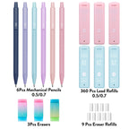 Four Candies Cute Mechanical Pencil Set, 6PCS Pastel Mechanical Pencils 0.5 mm & 0.7mm & 0.9mm with 360PCS Leads, 3PCS Erasers and 9PCS Eraser Refills, Aesthetic Pencils for Girls Writing, Art Drawing
