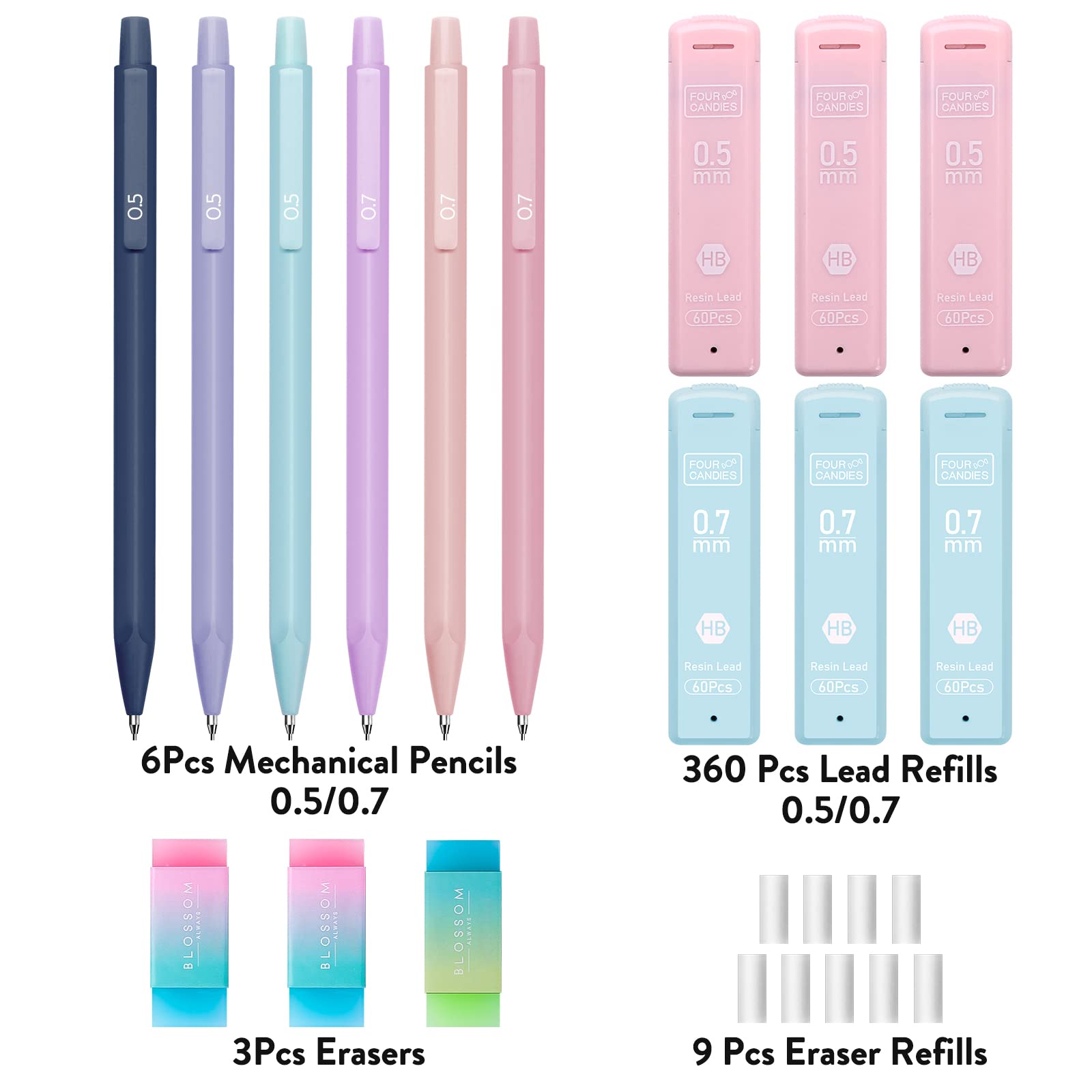 Four Candies Cute Mechanical Pencil Set, 6PCS Pastel Mechanical Pencils 0.5 mm & 0.7mm & 0.9mm with 360PCS Leads, 3PCS Erasers and 9PCS Eraser Refills, Aesthetic Pencils for Girls Writing, Art Drawing