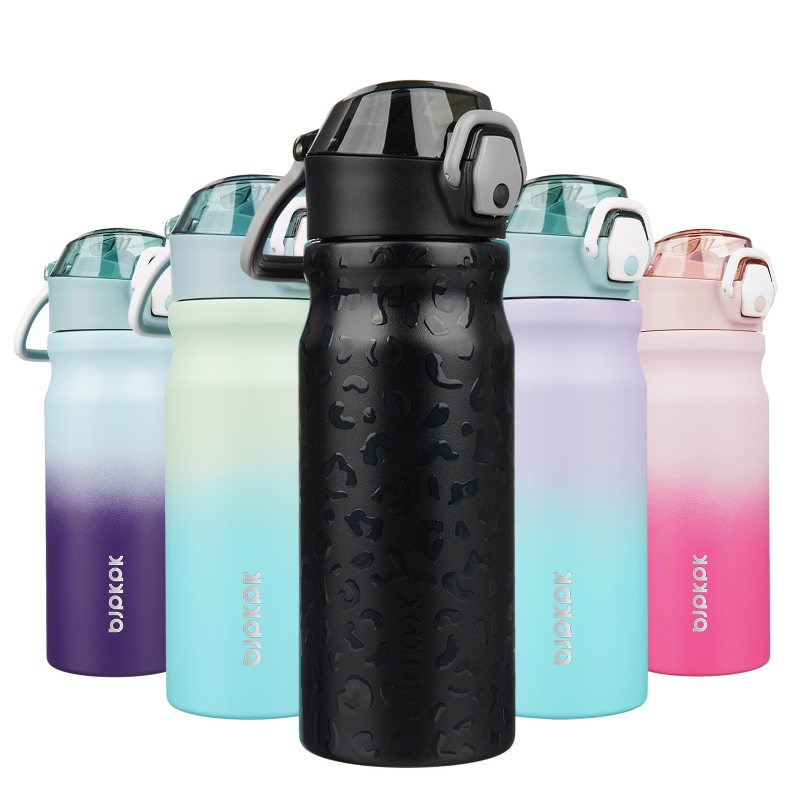 BJPKPK Insulated Water Bottle 18oz Stainless Steel Water Bottles with Straw and Carry Handle Double Wall Metal Thermal Flask,Light Blue Leopard