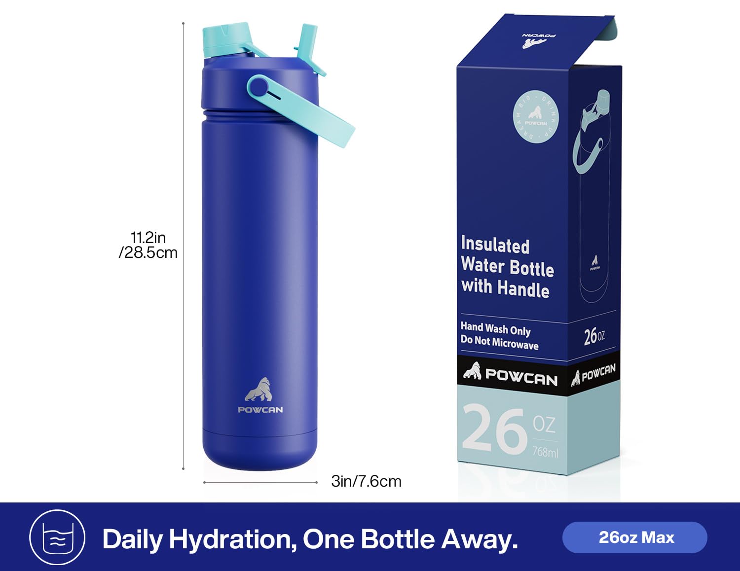 POWCAN 26 oz Insulated Water Bottle with 2-in-1 Straw and Spout Lid, Keep Cold 24H, Leak-Proof, Fits in Car Cup Holder, Stainless Steel Water Bottle for Sports, Travel, and School (Cotton Candy)