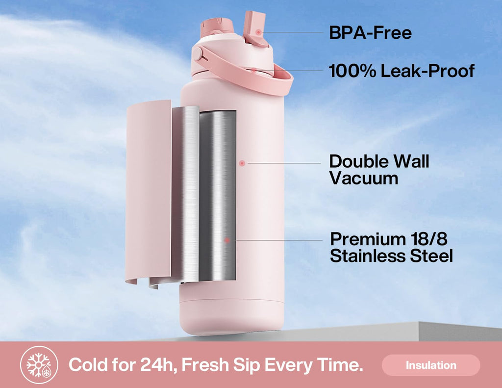 POWCAN 26 oz Insulated Water Bottle with 2-in-1 Straw and Spout Lid, Keep Cold 24H, Leak-Proof, Fits in Car Cup Holder, Stainless Steel Water Bottle for Sports, Travel, and School (Cotton Candy)