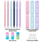 Four Candies Cute Mechanical Pencil Set, 6PCS Pastel Mechanical Pencils 0.5 mm & 0.7mm & 0.9mm with 360PCS Leads, 3PCS Erasers and 9PCS Eraser Refills, Aesthetic Pencils for Girls Writing, Art Drawing