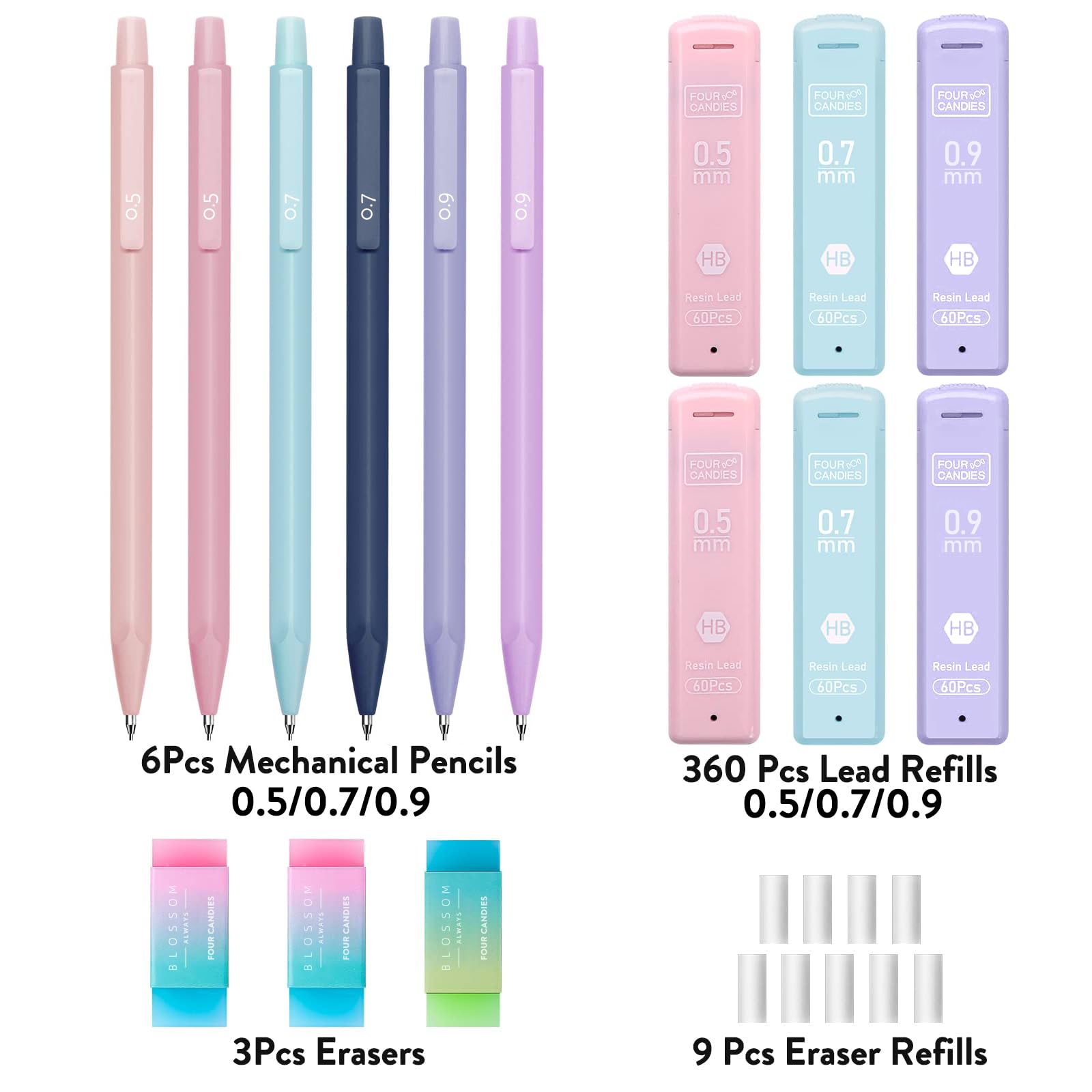 Four Candies Cute Mechanical Pencil Set, 6PCS Pastel Mechanical Pencils 0.5 mm & 0.7mm & 0.9mm with 360PCS Leads, 3PCS Erasers and 9PCS Eraser Refills, Aesthetic Pencils for Girls Writing, Art Drawing