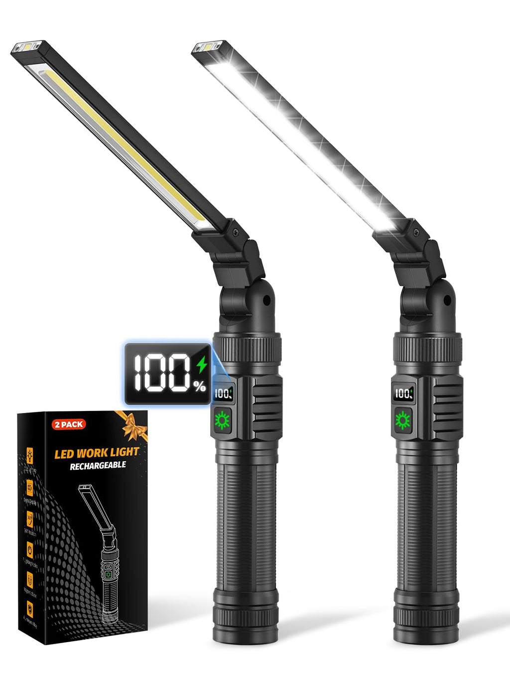 2Pack Magnetic Rechargeable LED Work Light/Flashlight for Mechanics | All Aluminum, 1500 High Lumens, Digital Display, 7 Modes, 360° Rotation, for Car Repairing, Emergency, Gifts for Father