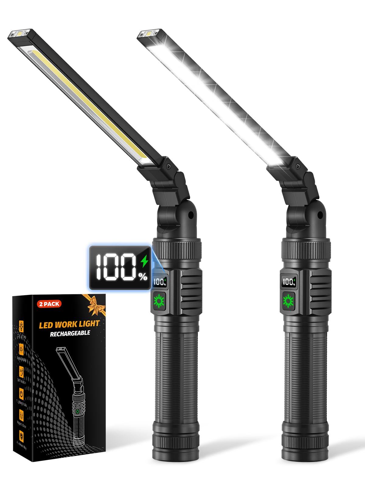 2Pack Magnetic Rechargeable LED Work Light/Flashlight for Mechanics | All Aluminum, 1500 High Lumens, Digital Display, 7 Modes, 360° Rotation, for Car Repairing, Emergency, Gifts for Father