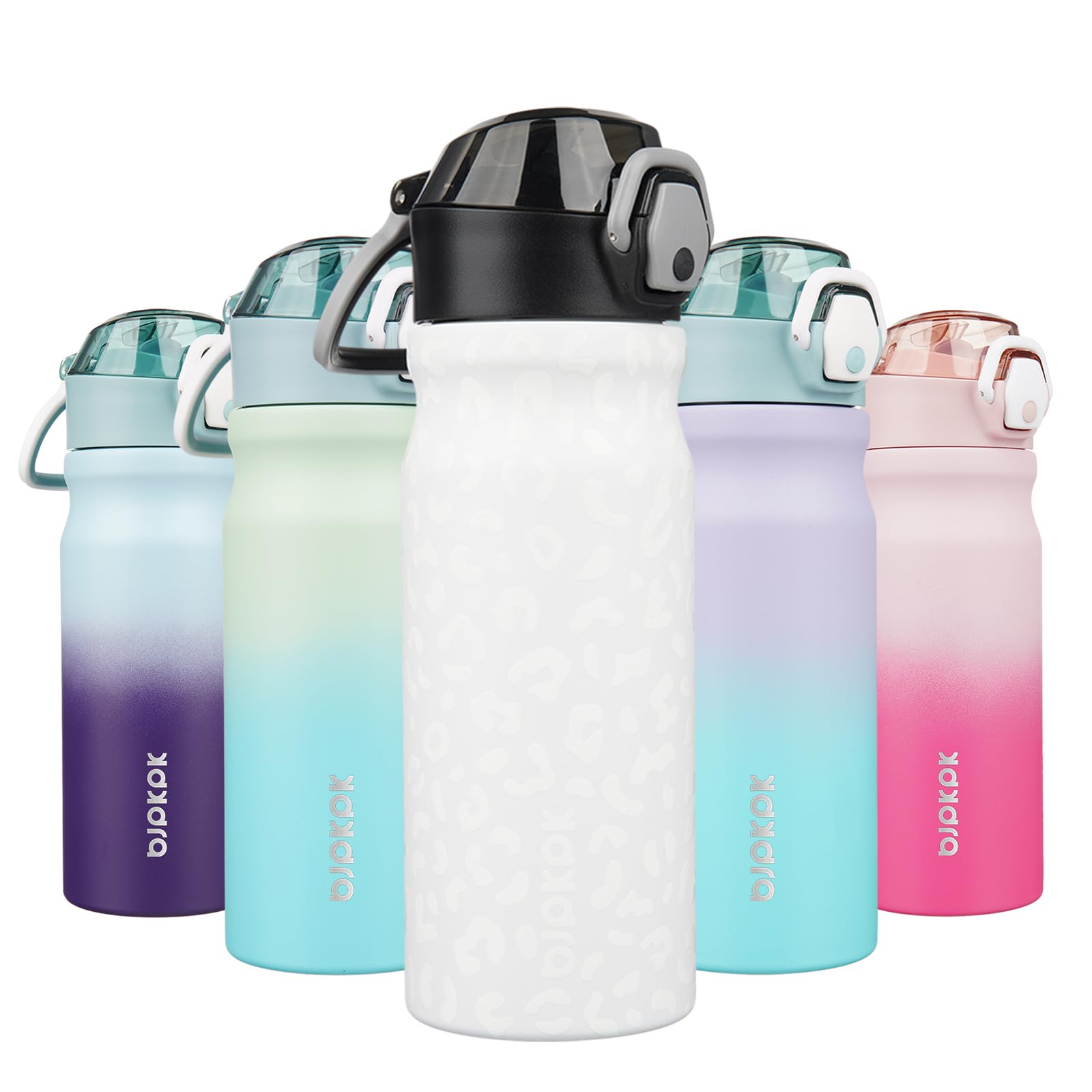 BJPKPK Insulated Water Bottle 18oz Stainless Steel Water Bottles with Straw and Carry Handle Double Wall Metal Thermal Flask,Light Blue Leopard