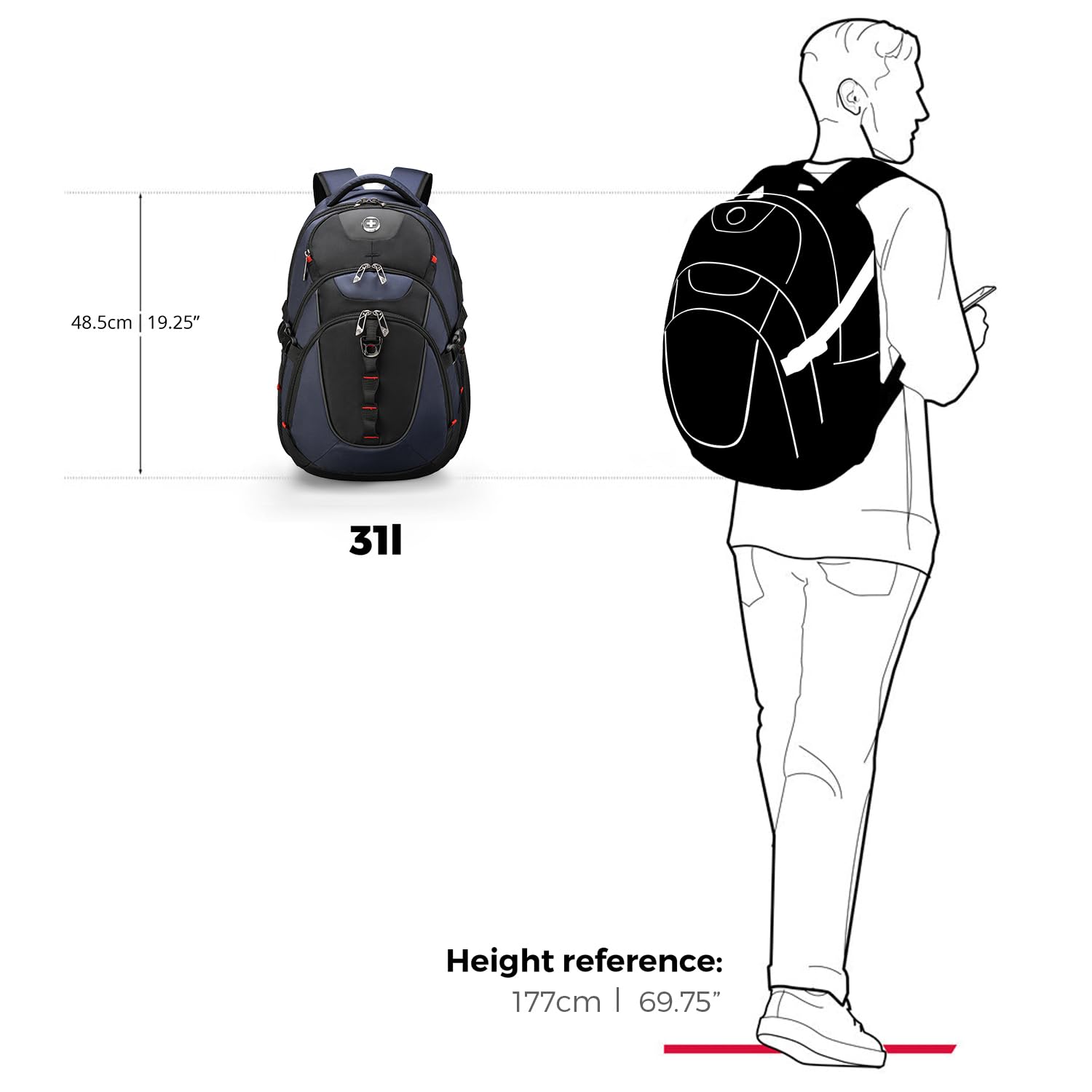 Swissdigital Design Laptop Backpack with USB Charging Port, Travel Backpack Fits 15.6 inches Computer, 31L College School Backpack for Men, Black | SD803-01