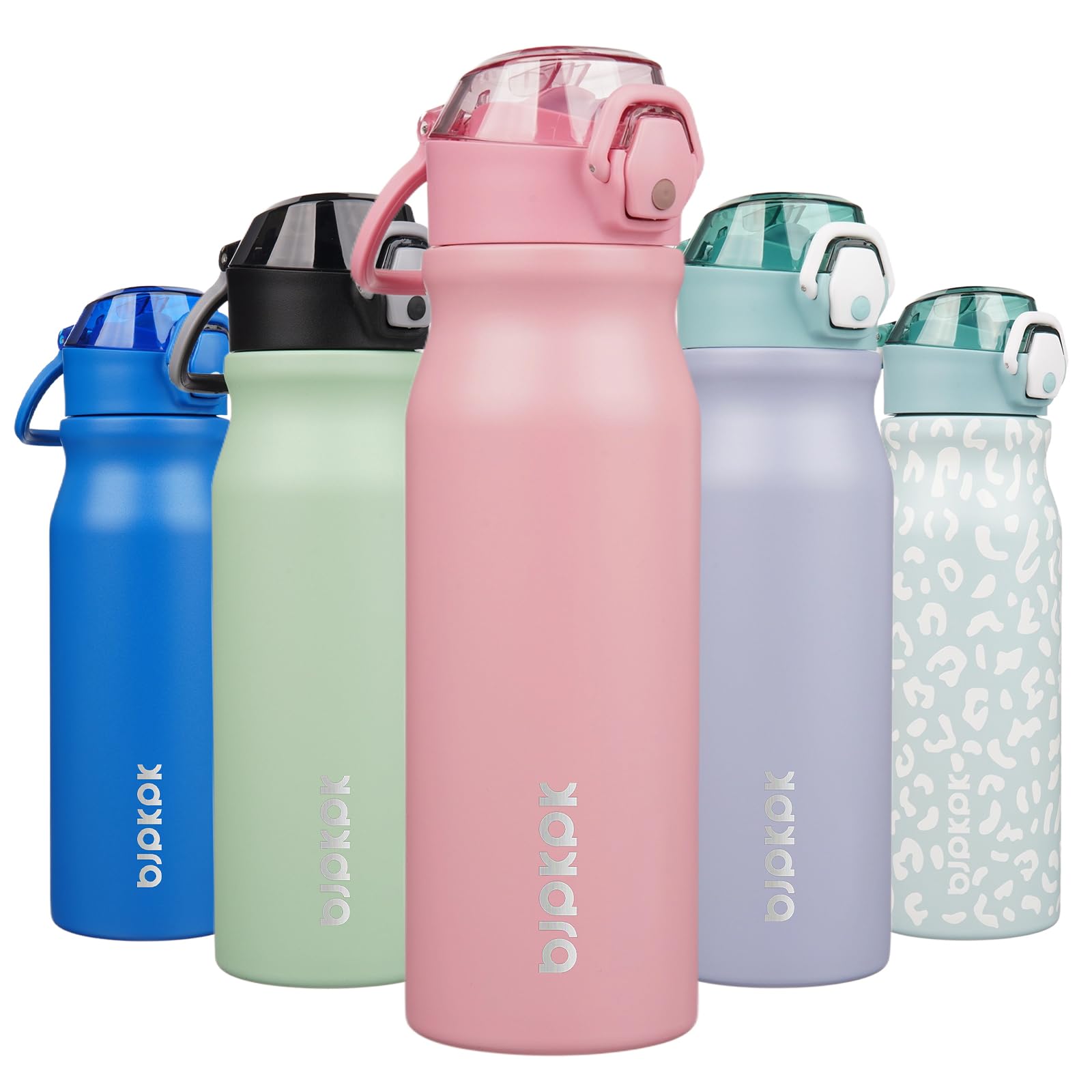 BJPKPK Insulated Water Bottle 18oz Stainless Steel Water Bottles with Straw and Carry Handle Double Wall Metal Thermal Flask,Light Blue Leopard