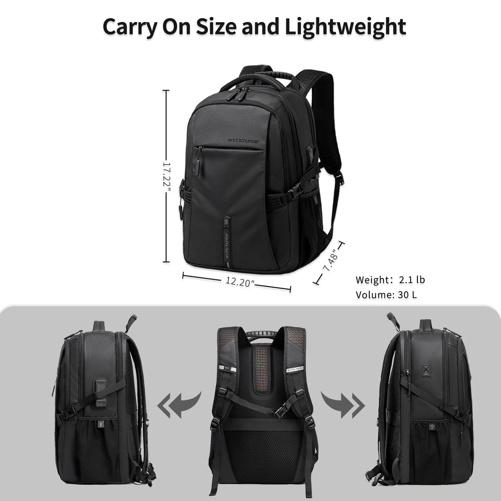 ARCTIC HUNTER AH Business Laptop Backpack for Men Work Commuting, 30L Large Travel Carry On Backpack Flight Approved for Airplane, Professional College Backpacks Casual Daypack Black