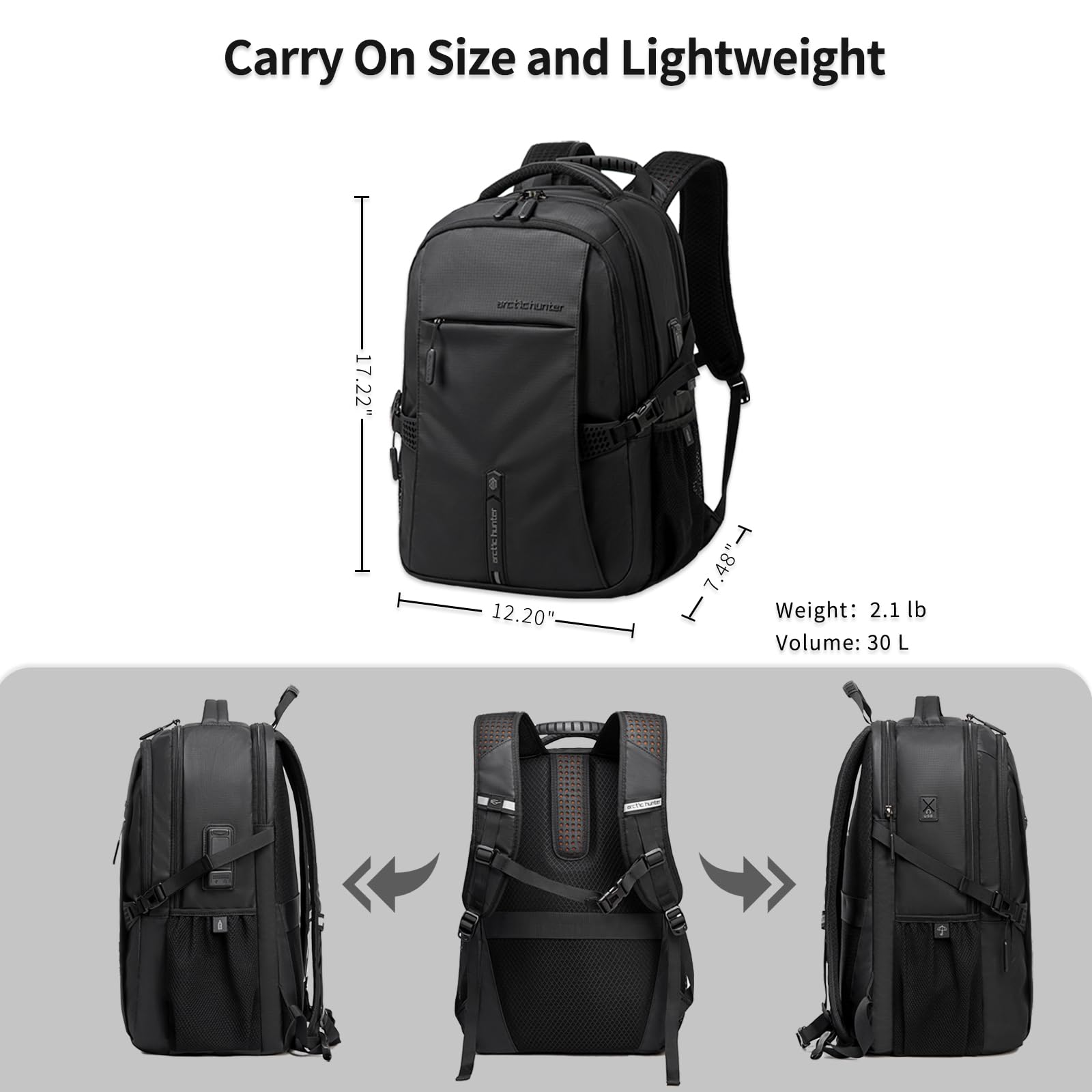 ARCTIC HUNTER AH Business Laptop Backpack for Men Work Commuting, 30L Large Travel Carry On Backpack Flight Approved for Airplane, Professional College Backpacks Casual Daypack Black