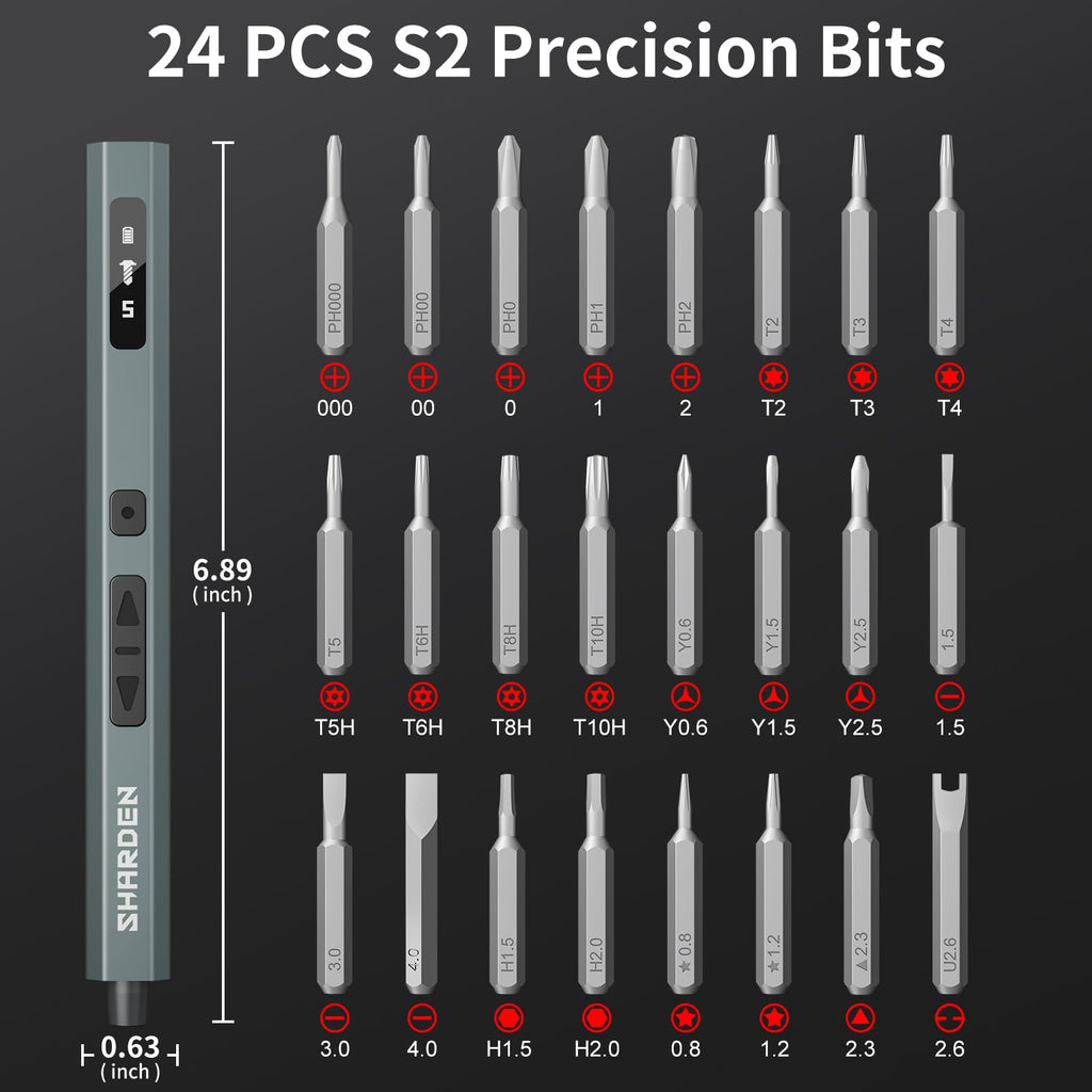 SHARDEN Mini Electric Screwdriver, 29 in 1 Small Electric Screw Driver Kit with 24 Magnetic Bits, Precision Cordless Repair Tool for Phone, Camera, Laptop, Watch