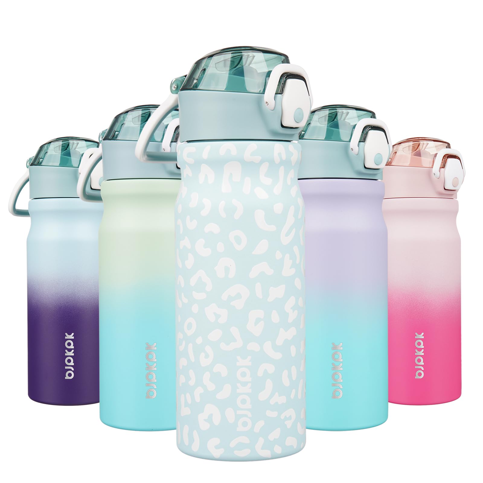 BJPKPK Insulated Water Bottle 18oz Stainless Steel Water Bottles with Straw and Carry Handle Double Wall Metal Thermal Flask,Light Blue Leopard