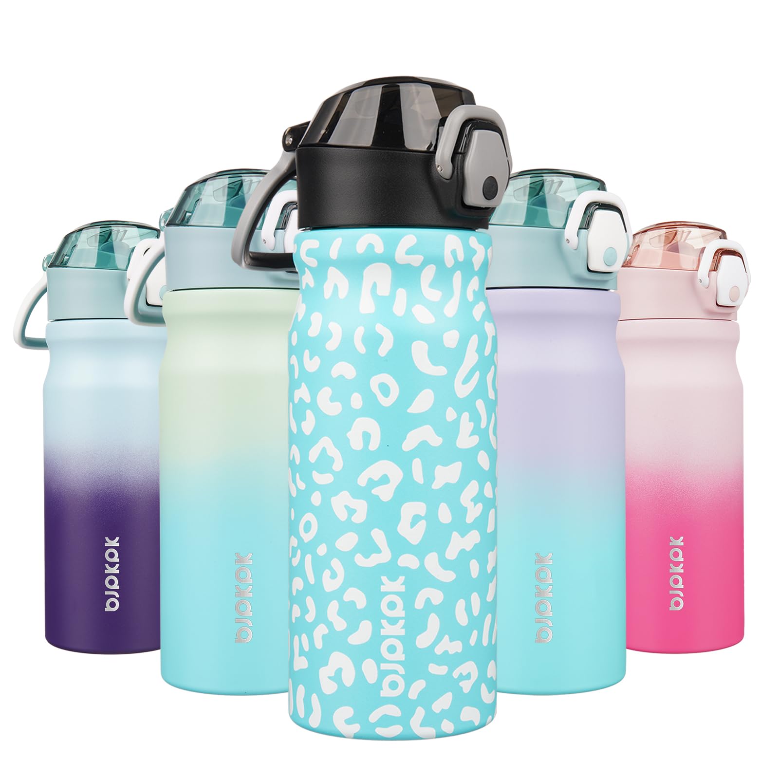 BJPKPK Insulated Water Bottle 18oz Stainless Steel Water Bottles with Straw and Carry Handle Double Wall Metal Thermal Flask,Light Blue Leopard