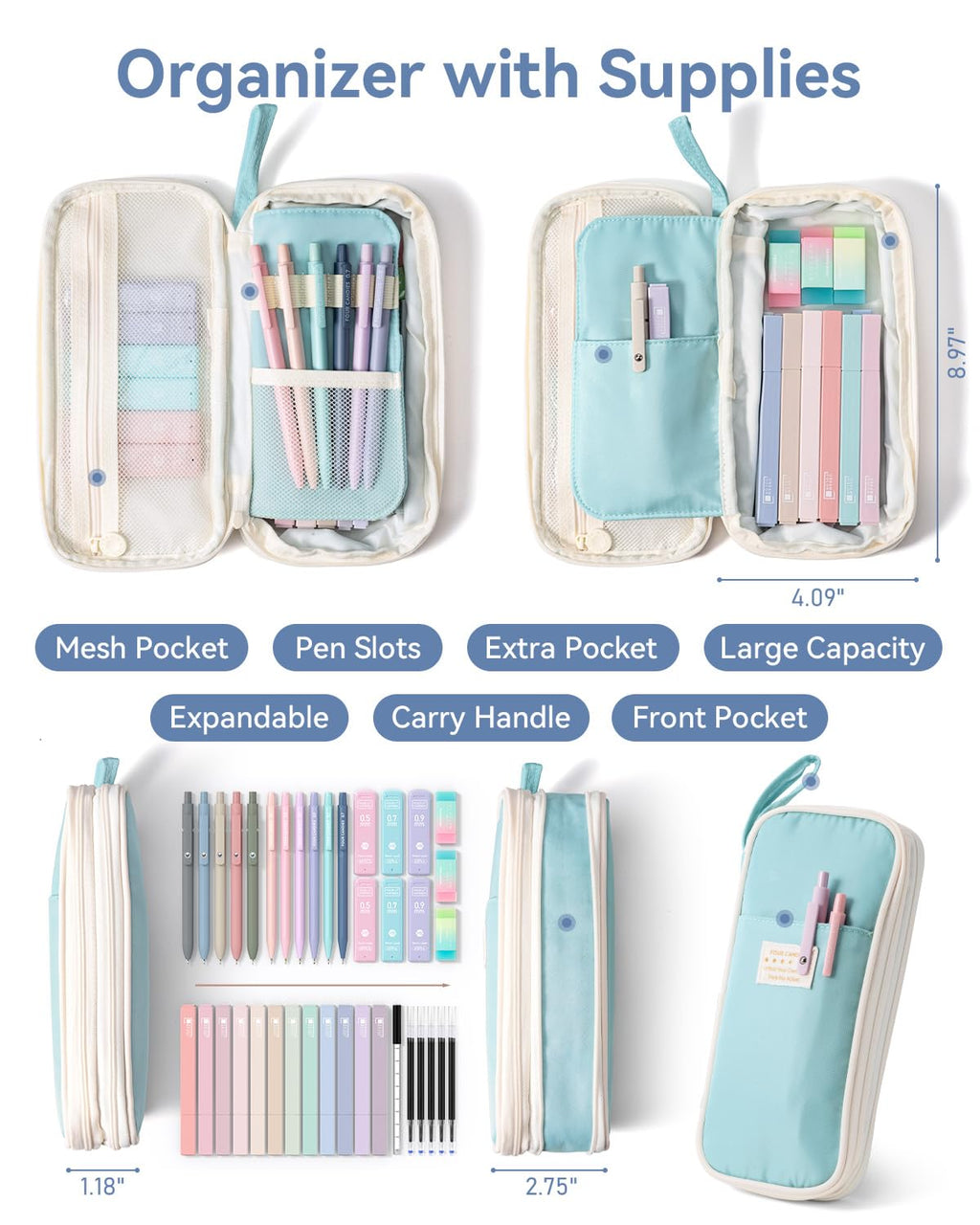 Four Candies 39 PCS Aesthetic Stationery Set with Cute Pen Case, College Supplies and Nursing Essentials, 12 Pastel Highlighters, 5 Black Gel Pens, 6 Mechanical Pencils, Pink