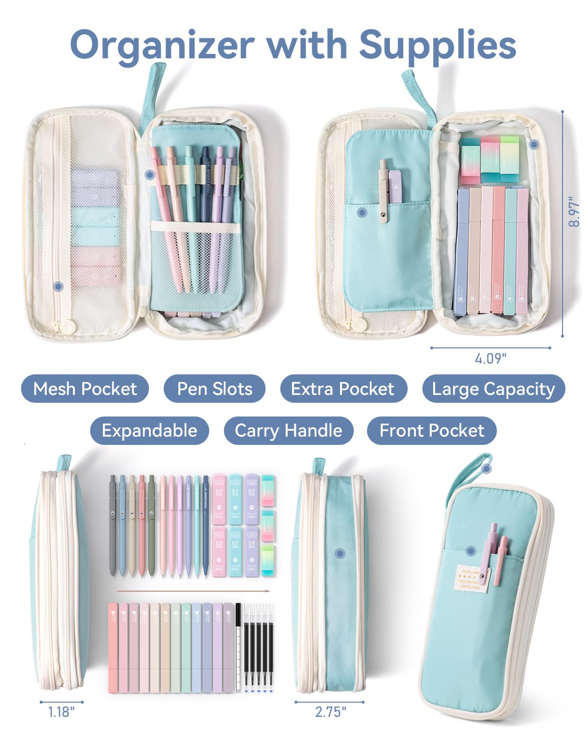 Four Candies 39 PCS Aesthetic Stationery Set with Cute Pen Case, College Supplies and Nursing Essentials, 12 Pastel Highlighters, 5 Black Gel Pens, 6 Mechanical Pencils, Pink