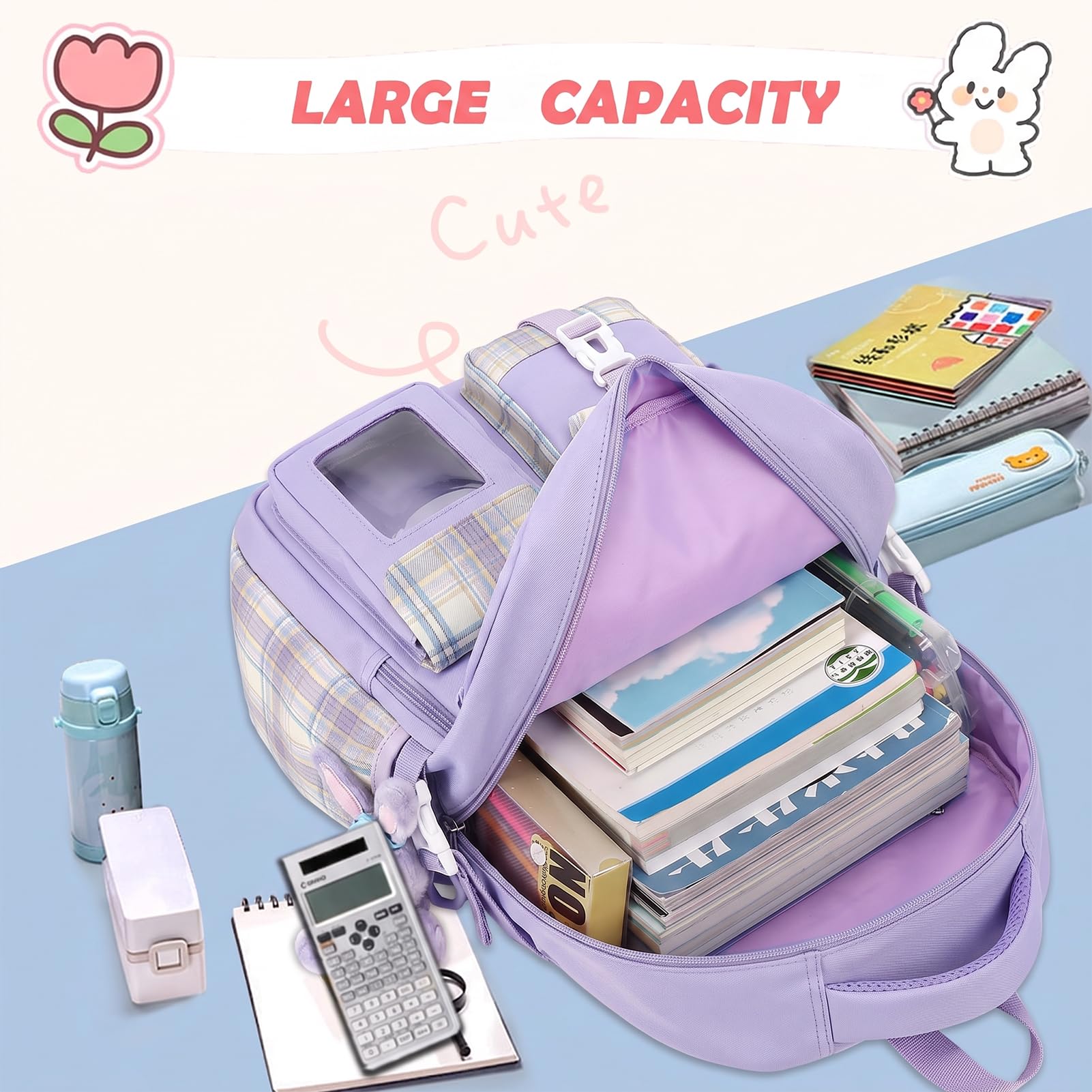 PRLINJSK Girls Backpack，Cute School Backpack for Girls Kids Teens，Kawaii Bookbag for Primary Elementary，Purple