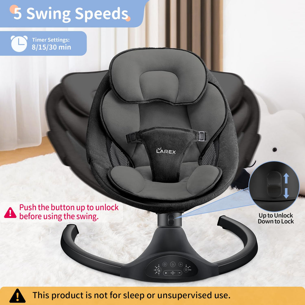 LAREX Baby Swing Infant Swing Electric Toddler Baby Rocker Portable for Newborn Boy Girl, 5 Sway Speeds with Remote Control, 10 Preset Melodies and Bluetooth, 0-6 Months Max 20 Lbs (Black)