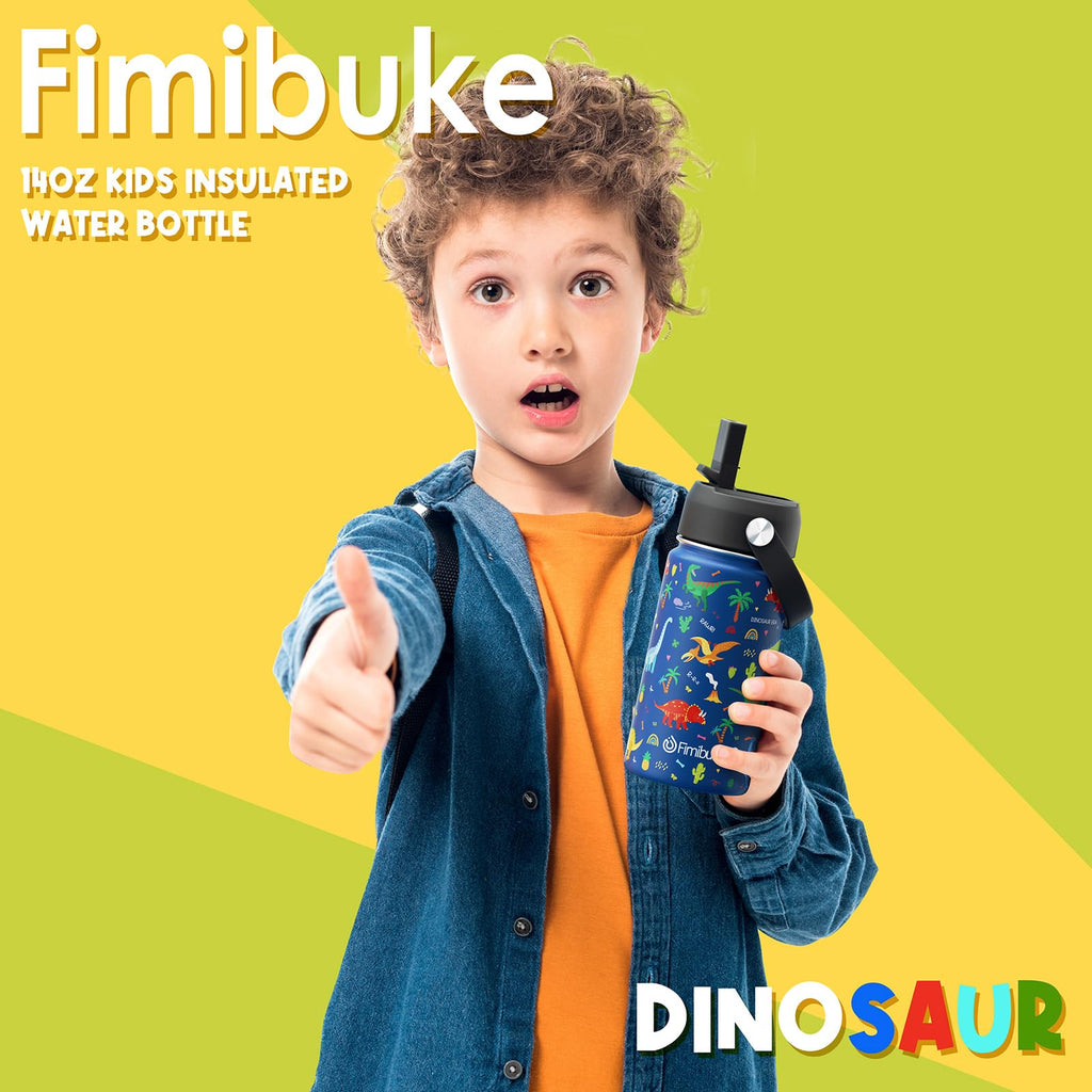 Fimibuke Kids Insulated Water Bottle, 14oz BPA FREE 18/8 Stainless Steel Travel Tumbler Double Wall Vacuum Leak Proof Kids Cup with Straw Metal Water Bottle for School Boys Girls(1 Pack, Rainbow)