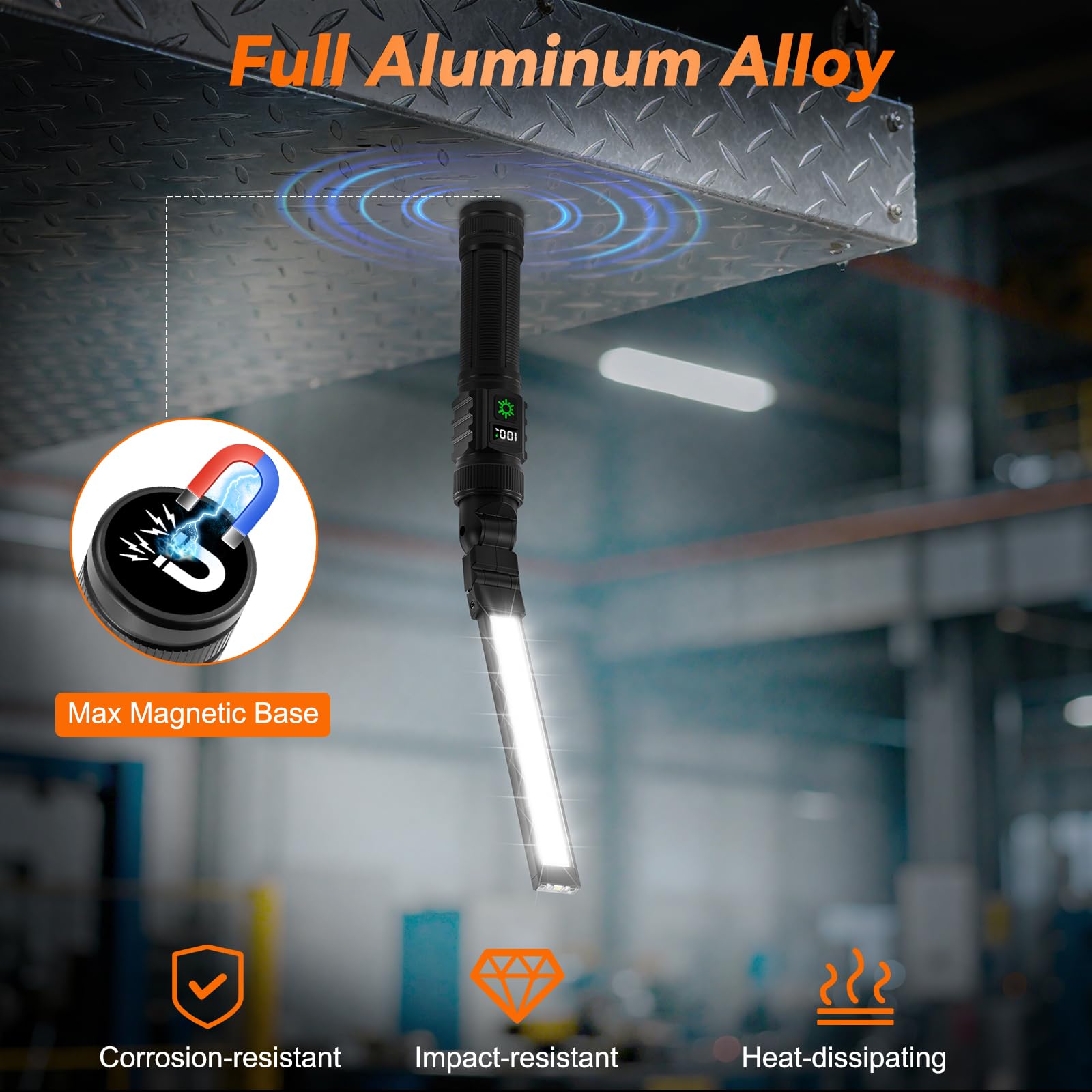 2Pack Magnetic Rechargeable LED Work Light/Flashlight for Mechanics | All Aluminum, 1500 High Lumens, Digital Display, 7 Modes, 360° Rotation, for Car Repairing, Emergency, Gifts for Father