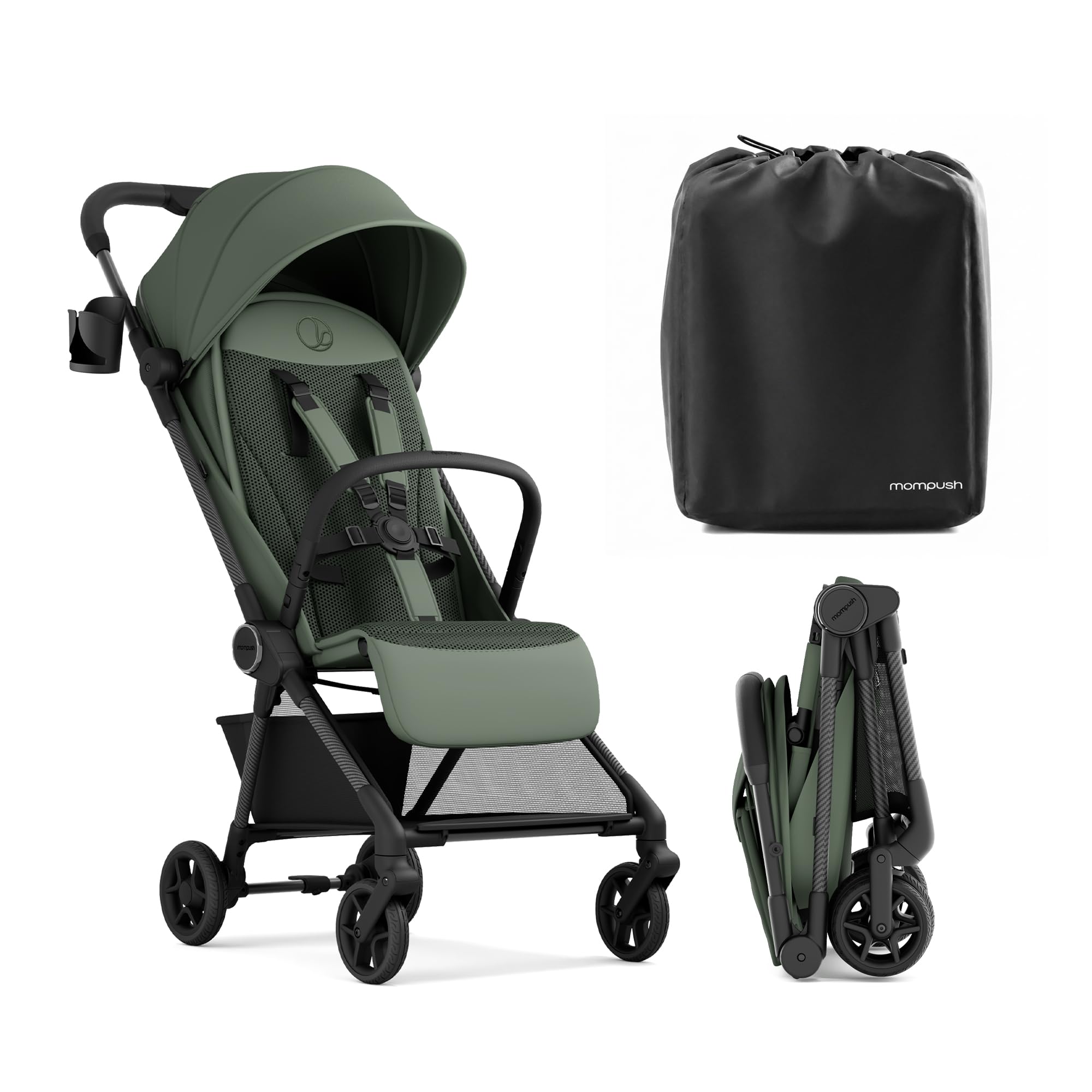 Mompush Nexis Carbon Travel Stroller, Ultra-Lightweight 11.5 lbs, Compact & Airplane Carry-On Approved, One-Second Auto-Fold, One-Hand Full Recline, from Birth to 50 lbs, JPMA Certified, Khaki