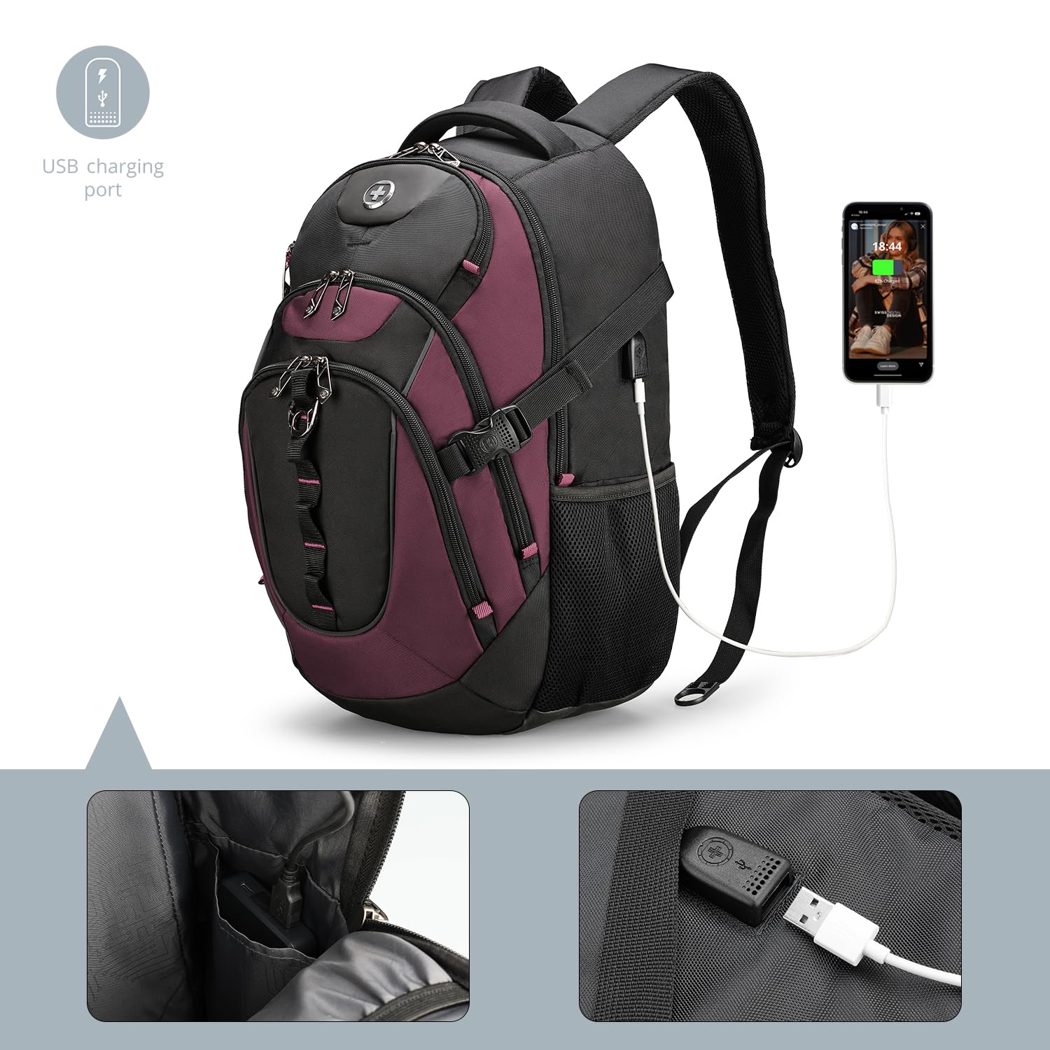 Swissdigital Design Laptop Backpack with USB Charging Port, Travel Backpack Fits 15.6 inches Computer, 31L College School Backpack for Men, Black | SD803-01