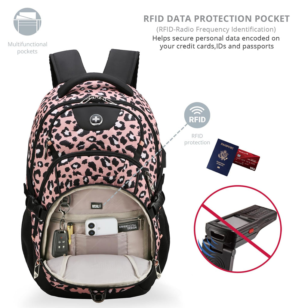 Swissdigital Design Laptop Backpack with USB Charging Port, Travel Backpack Fits 15.6 inches Computer, 31L College School Backpack for Men, Black | SD803-01