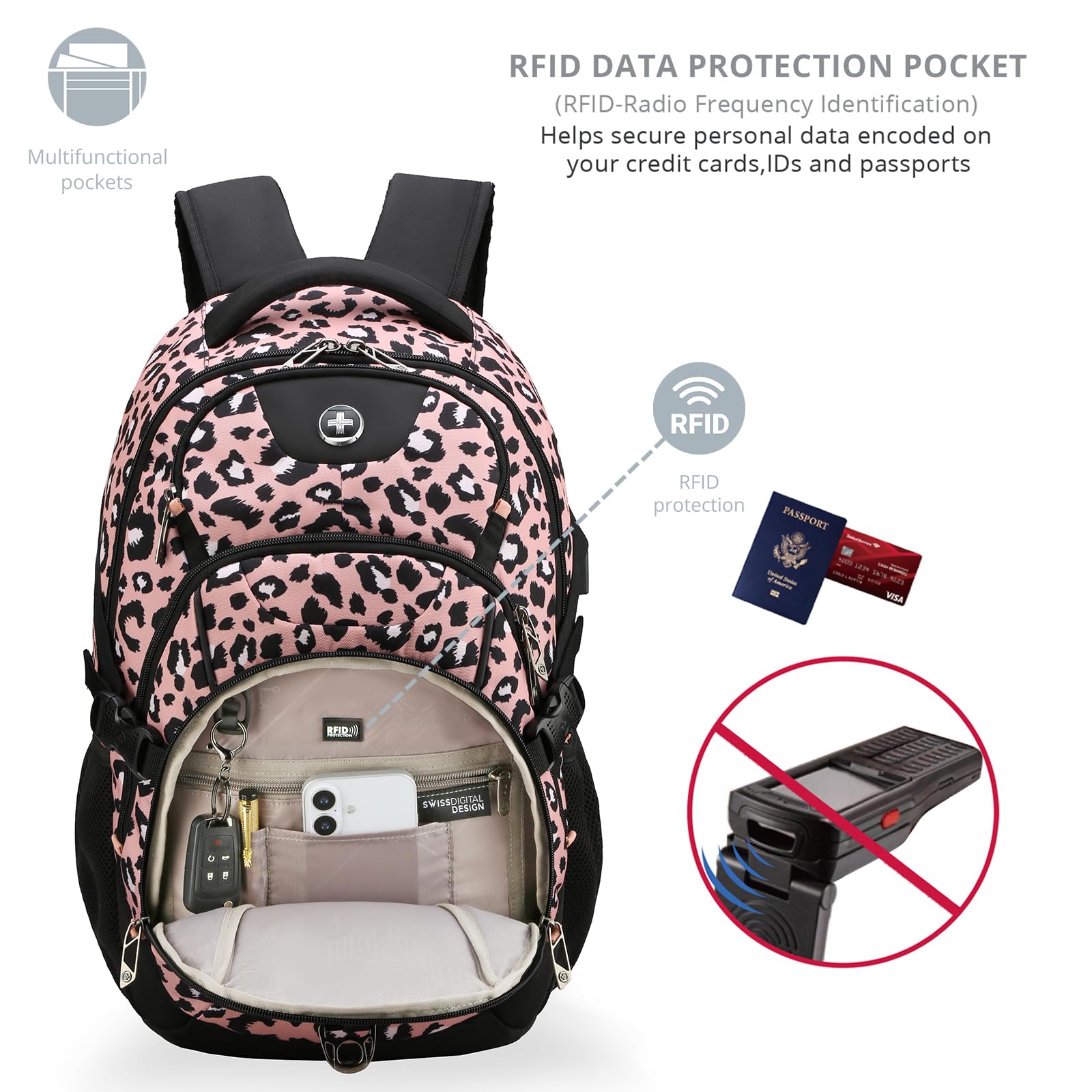 Swissdigital Design Laptop Backpack with USB Charging Port, Travel Backpack Fits 15.6 inches Computer, 31L College School Backpack for Men, Black | SD803-01