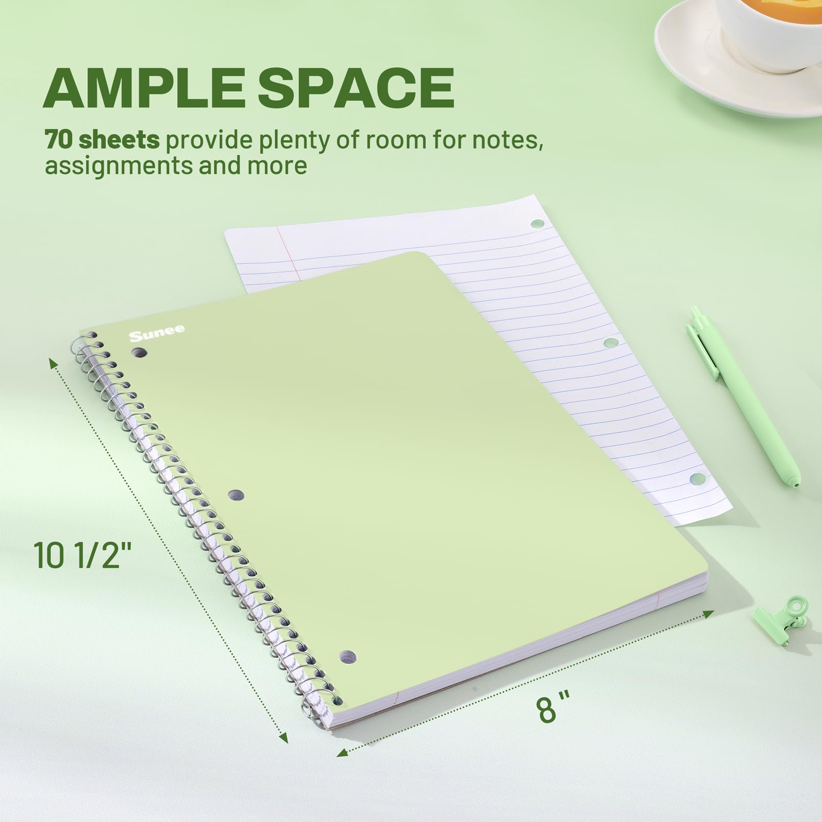 SUNEE Spiral Notebooks, 1-Subject, 5 Pack, College Ruled Paper, 8" x 10-1/2", 70 Sheets per Notebook,3-Hole Punched Paper, Pink,Purple, Blue, Green, Yellow Spiral Lined Notebooks for School,Work