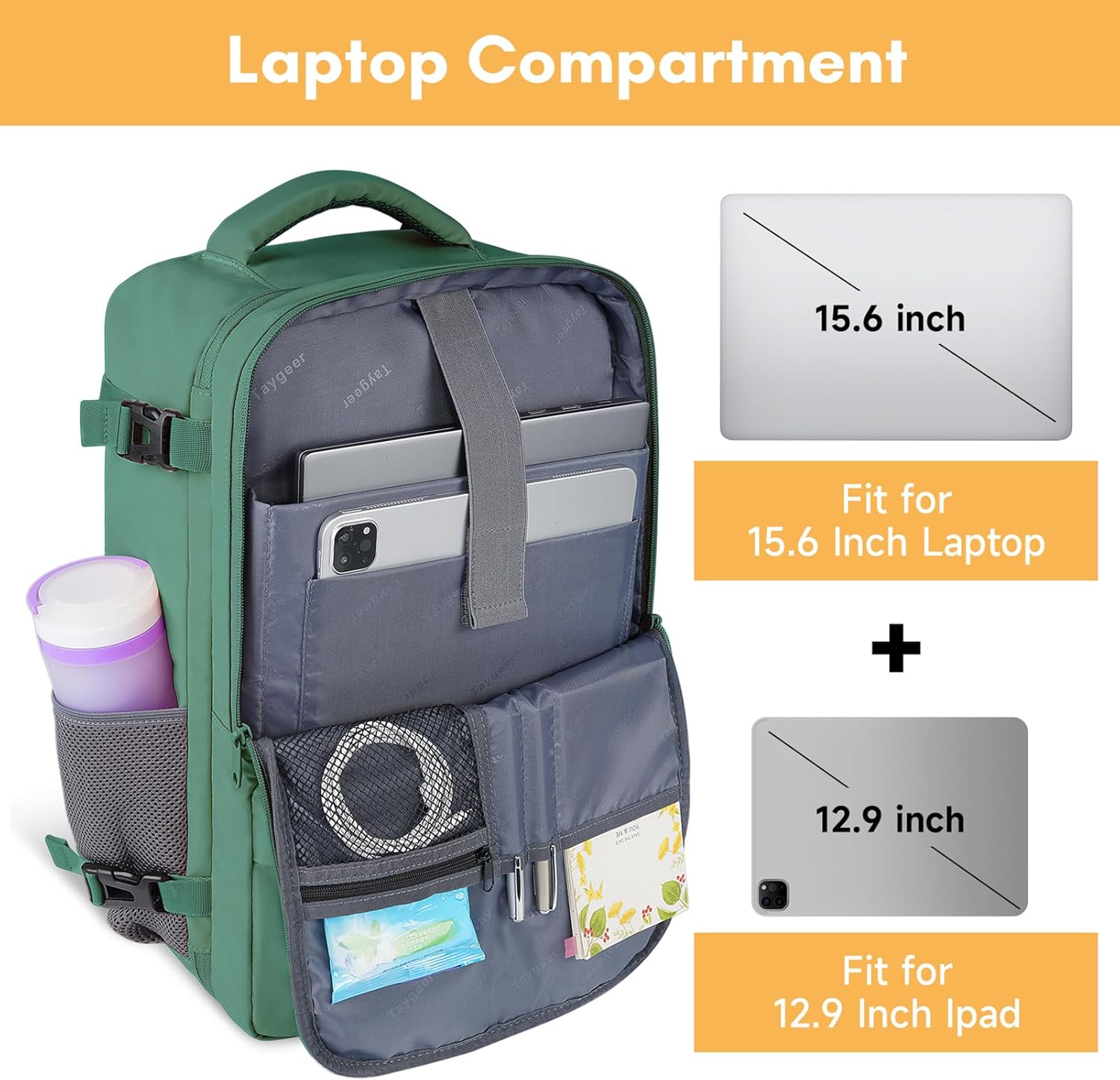 Taygeer Travel Laptop Backpack for Men Women, Airplane Approved Travel Backpack Suitcase with Water Bottle Pocket, Lightweight College 35l Luggage Bag 15.6inch Laptop Mochila Gifts for Business,Black