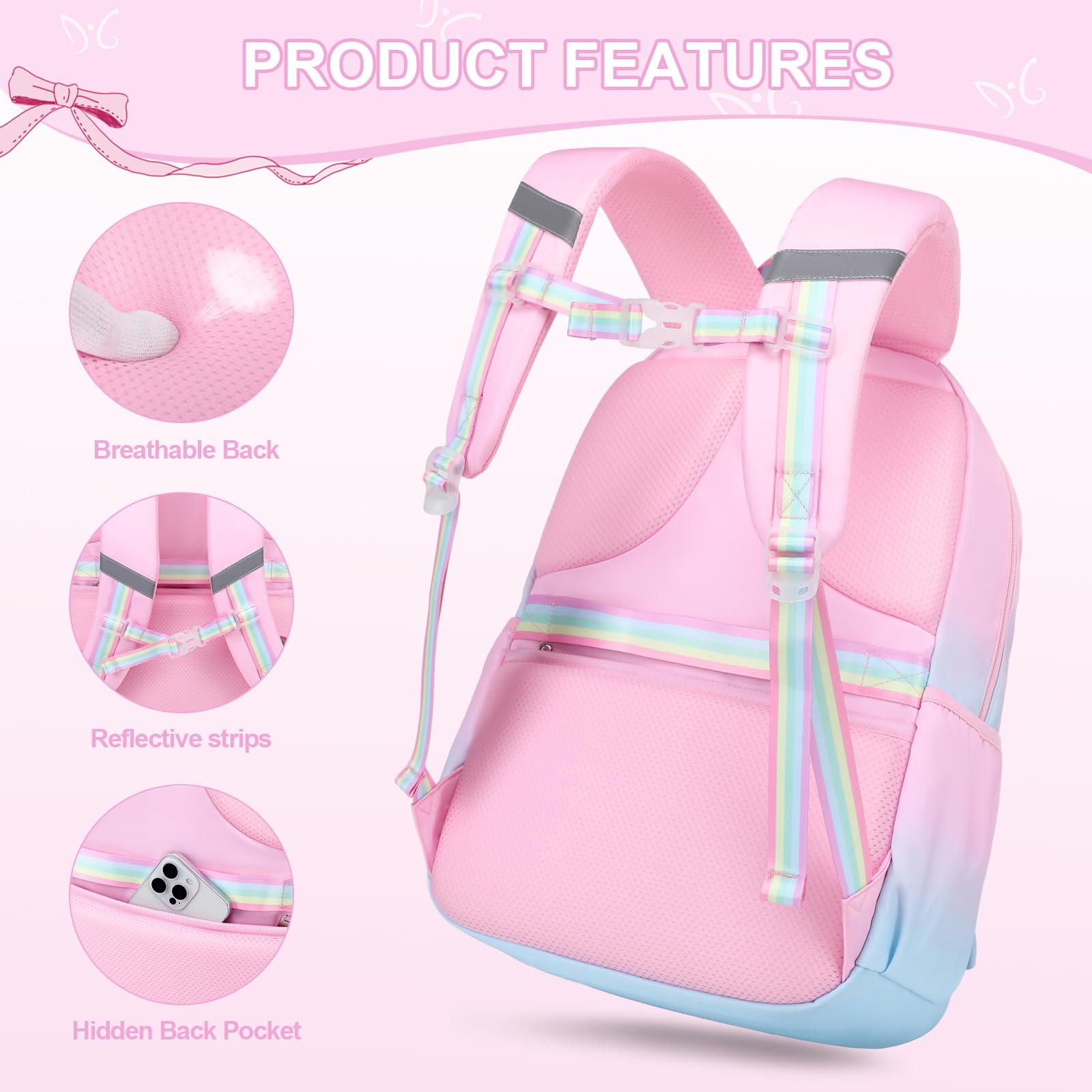 DIGOBAY Backpack for Girls, 3PCS Girls Backpack for School with Lunch Bag Pencil Case, Cute Kids Teens Bookbag for Kindergarten Elementary Preschool Middle School (Pink)