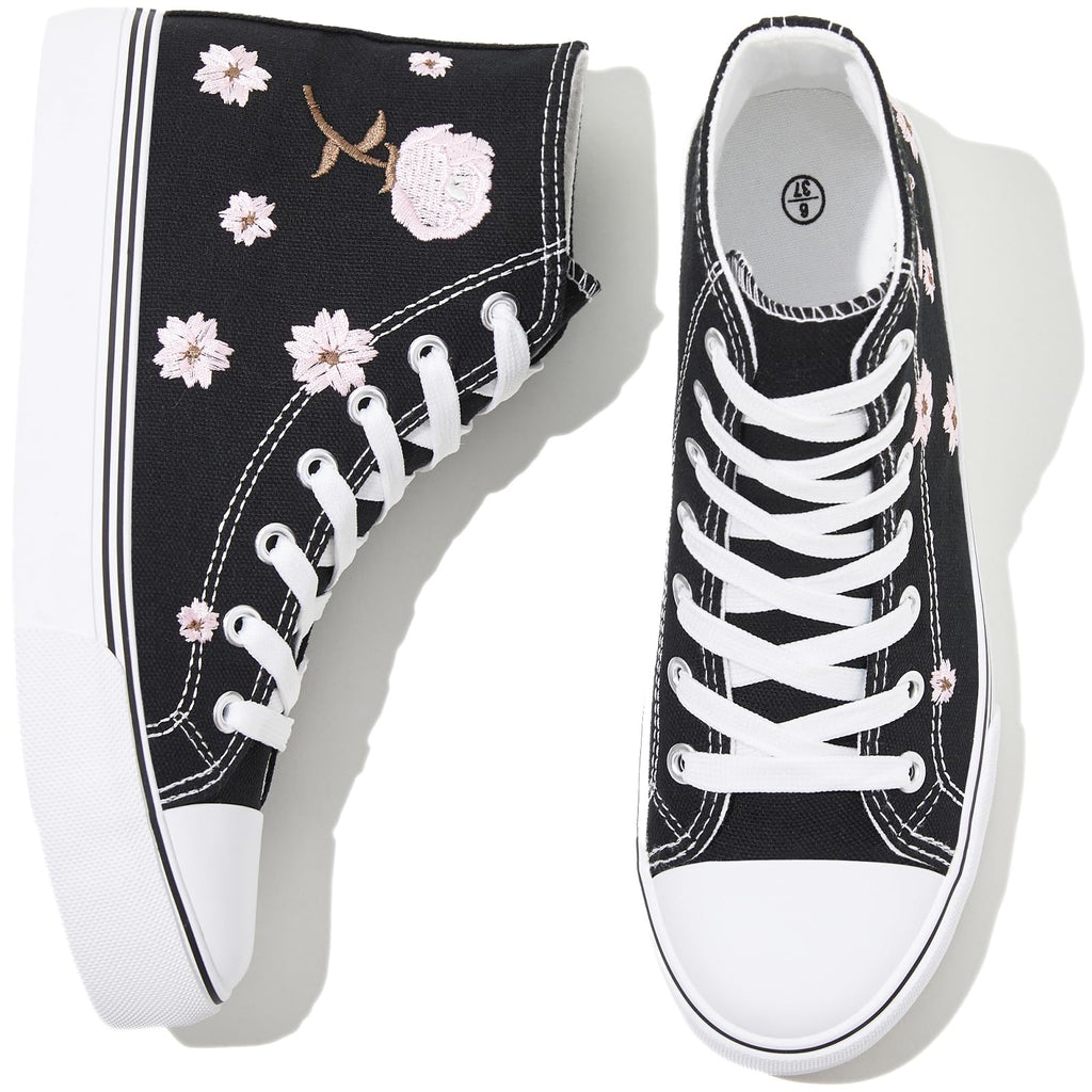 kufeiti Women's High Top Canvas Sneakers Canvas Shoes Lace up White Black Sneakers Casual Walking Shoes