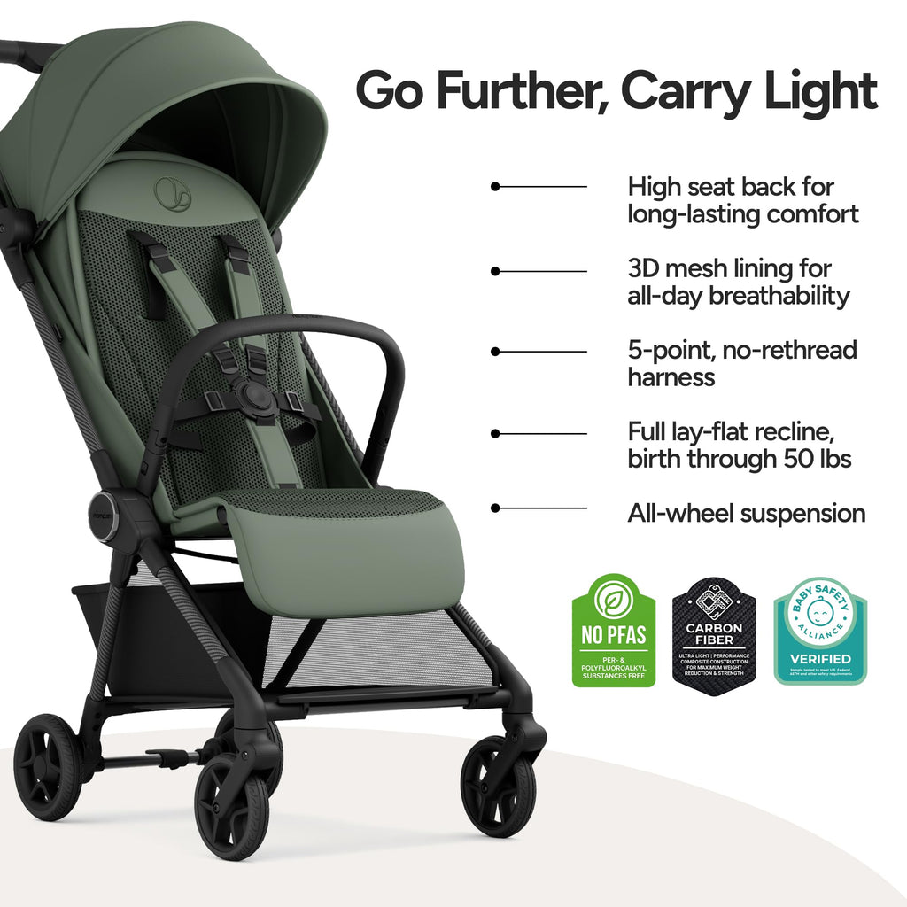Mompush Nexis Carbon Travel Stroller, Ultra-Lightweight 11.5 lbs, Compact & Airplane Carry-On Approved, One-Second Auto-Fold, One-Hand Full Recline, from Birth to 50 lbs, JPMA Certified, Khaki