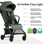 Mompush Nexis Carbon Travel Stroller, Ultra-Lightweight 11.5 lbs, Compact & Airplane Carry-On Approved, One-Second Auto-Fold, One-Hand Full Recline, from Birth to 50 lbs, JPMA Certified, Khaki