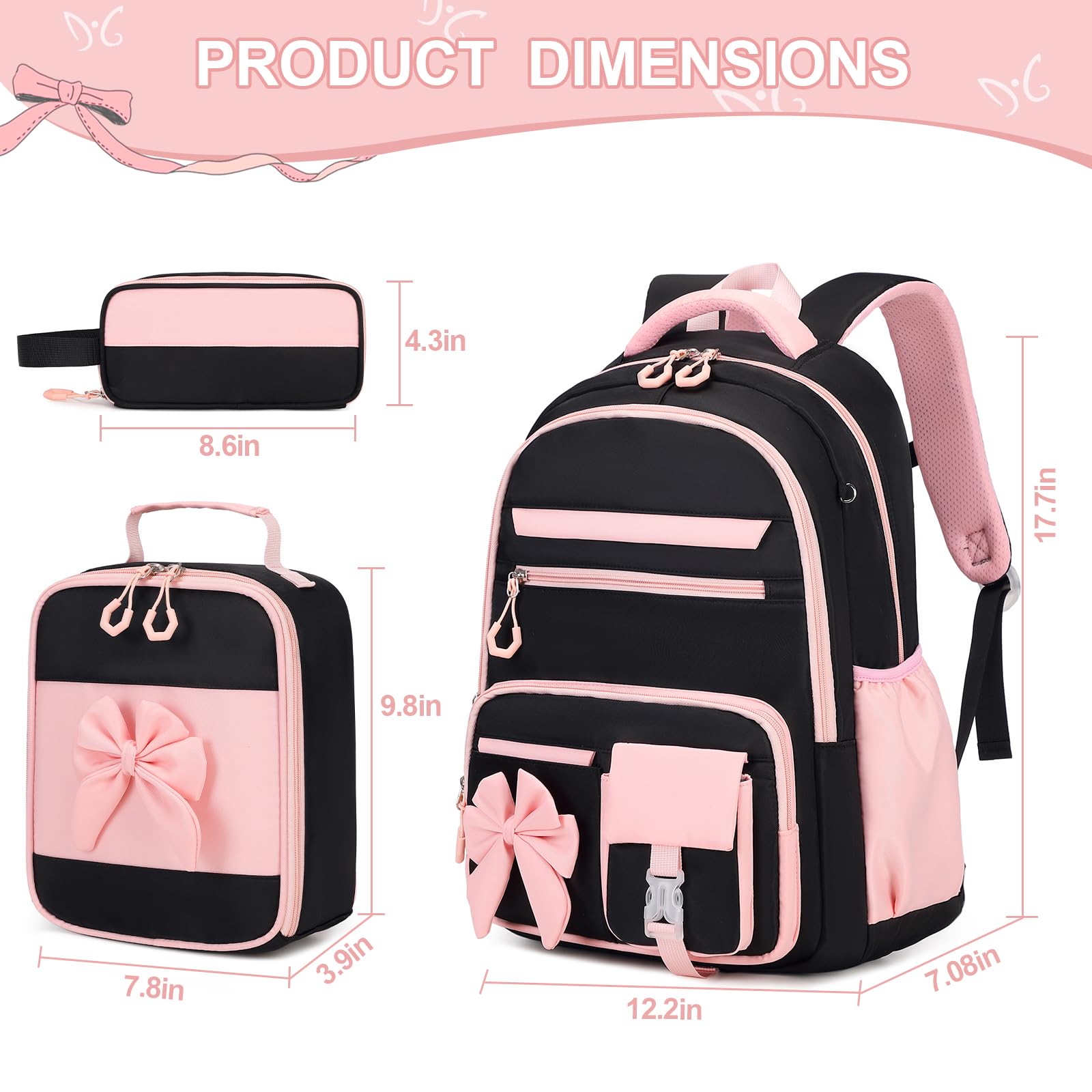 DIGOBAY Backpack for Girls, 3PCS Girls Backpack for School with Lunch Bag Pencil Case, Cute Kids Teens Bookbag for Kindergarten Elementary Preschool Middle School (Pink)