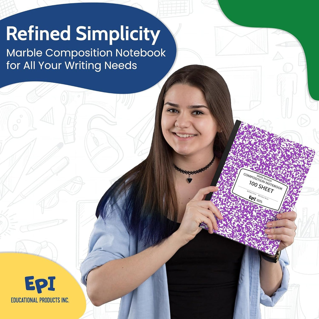 4 Pack - EPI Marble Hardcover Wide Ruled Composition Notebook | 200 Pages (100 Sheets), 9.75 x 7.5 in, Sturdy Sewn Binding | School, Office, Journaling, Notes