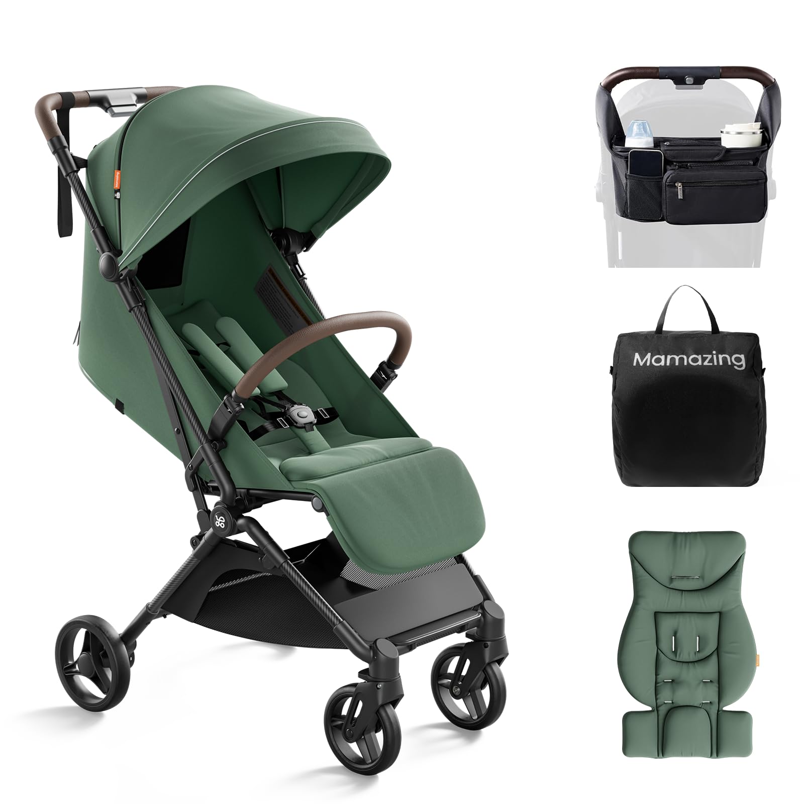 MAMAZING Ultra Air Lightweight Baby Travel Stroller with Carbon Fiber Frame, Compact & Airplane-Friendly, One-Handed Fold, 11.6 lbs, Perfect for Toddlers, Green