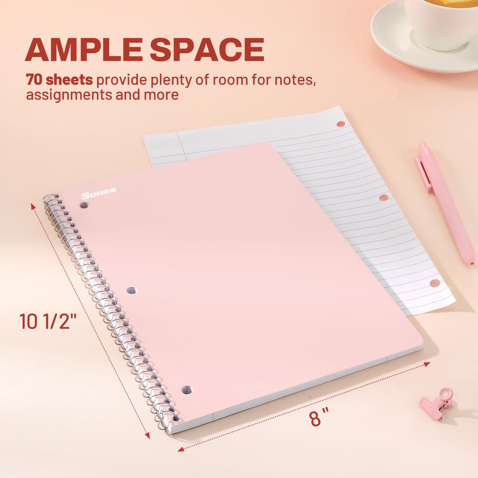 SUNEE Spiral Notebooks, 1-Subject, 5 Pack, College Ruled Paper, 8" x 10-1/2", 70 Sheets per Notebook,3-Hole Punched Paper, Pink,Purple, Blue, Green, Yellow Spiral Lined Notebooks for School,Work